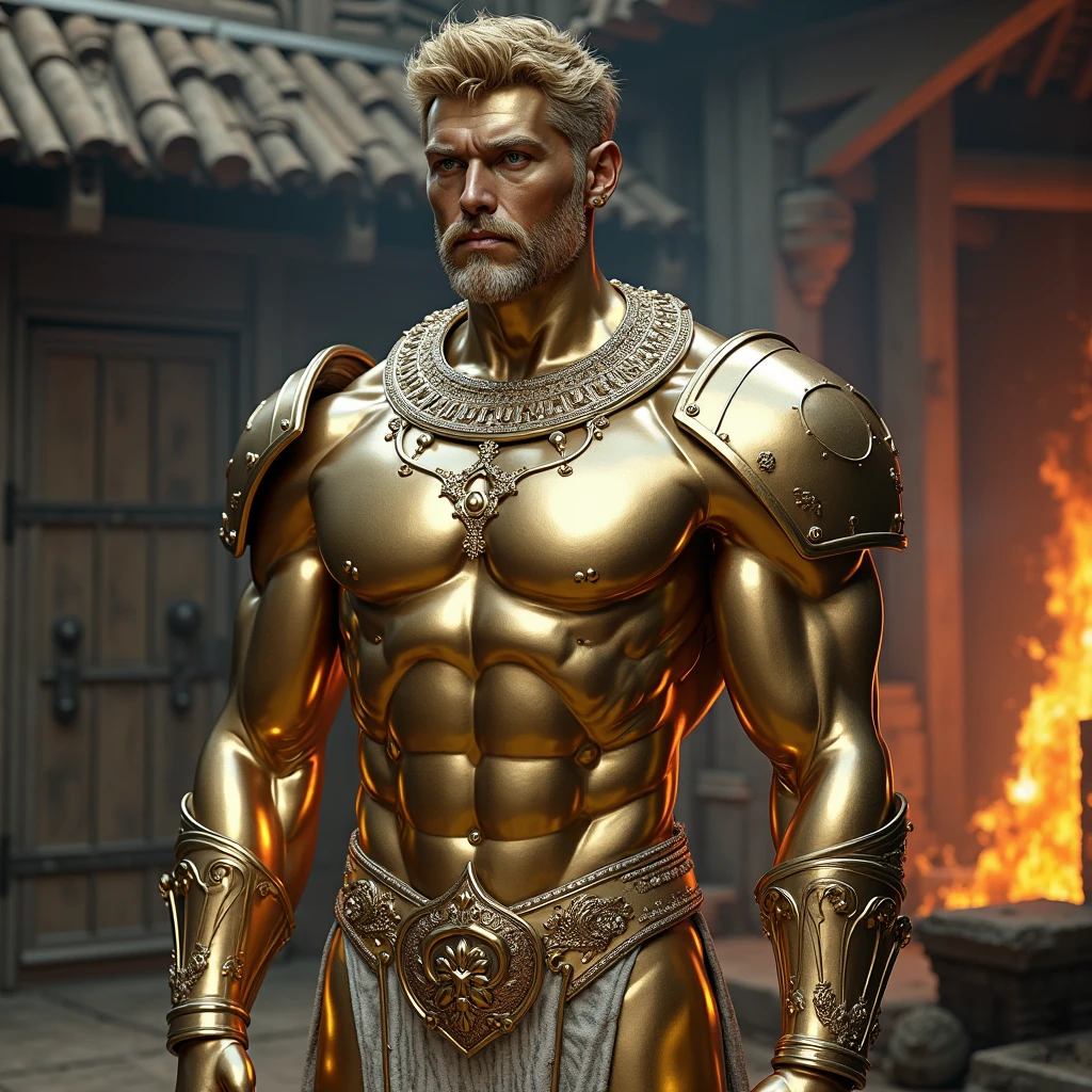 disconsolate，Ambient，artistic conception，large scene，The wind blew up the white curtains，Dattain lamps，Diffuse light，chest muscle，detailed face, Shirtless, stubbles, Sideburns, musculature, Strong handsome korean  guy， a golden statue of handsome men god , multiple hands holding some weapons, , Hanfu，Golden blue、Jing Qing Moqing、jackson wang, Plain cherry blue，Junyi，Dignified atmosphere，Temperament，Short hair, Flat-headed beautiful man，The light is gentle，The scene comes to life