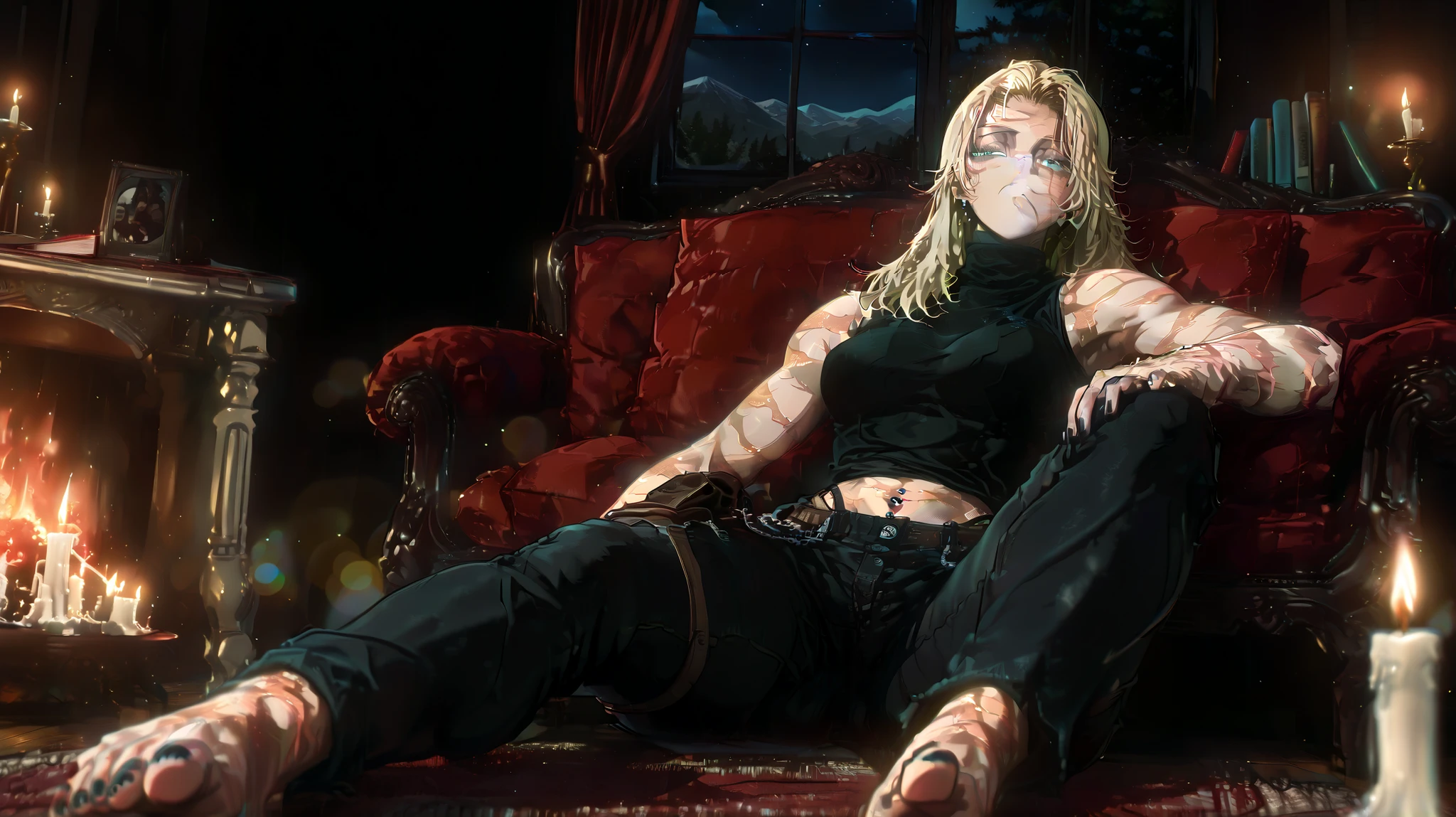(solo), 1girl
full body, (long shot:1.5)
tskm,yuki, jujutsu kaisen, long hair, (blond hair), green eyes, slit pupils, medium breasts, bangs, parted bangs,blonde hair, black nails, wide hips, black eyeliner,
wearing shirt, navel, (scars on arms), (scars on shoulders), bare shoulders, sleeveless, (black jeans pants), highleg black panties, black shirt, turtleneck, denim, piercing, denim, navel piercing, thigh holster, holster,
stern look,dominant, intimidating,
(sitting:1.4),(on the back), supineposition, resting, (legs spread:1.1),foreshortening, nail polish,toenails, black nails, toenail polish, barefoot,
pov, pov view,
(perfect face), perfect skin, (detailed body),
(indoors), DarkAcademia, sky, tree, cup, pillow, book, no humans, window, night, chair, table, plant, curtains, couch, wooden floor, mountain, bookshelf, lamp, candle, cushion, armchair, carpet, candlestand, rug, chandelier, fireplace,
semi realistic, Masterpiece, absurdres, 4K quality photo, bokeh, vivid colors, shallow depth of field, perfect anatomy, maximalist, life-like image, dynamic scene, absurdres, extremely detailed eyes, extremely detailed face, extremely detailed skin, perfect detailed hands and fingers,
dark_art_style, Monami, tsukar3ta style, detailed_eye_model, MarvelRivals,