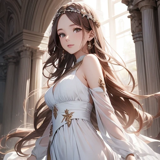 goddess, Age 27, Long Chestnut Hair, Dark Eyes, white dress