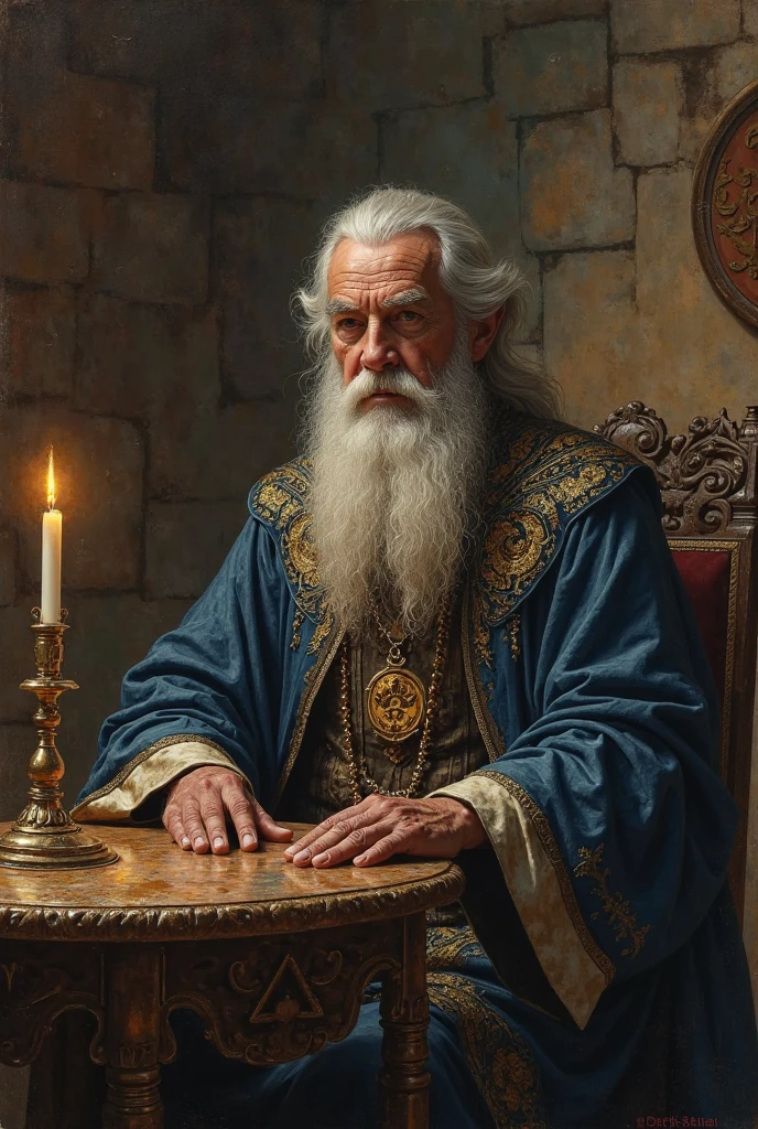  A highly realistic portrait of Saint Cyprian as a powerful sorcerer, sitting upright at a table in a dark, mystical setting. He is not holding anything, and his hands rest calmly or are not visible. His body posture is straight, and he looks directly at the viewer with a wise, serious expression. He wears a dark, old-style robe with mystical details. The background features lit candles and esoteric symbols on the stone walls. Realistic oil painting style with human-like skin texture, long beard, natural lighting, and a mysterious, ancient atmosphere.