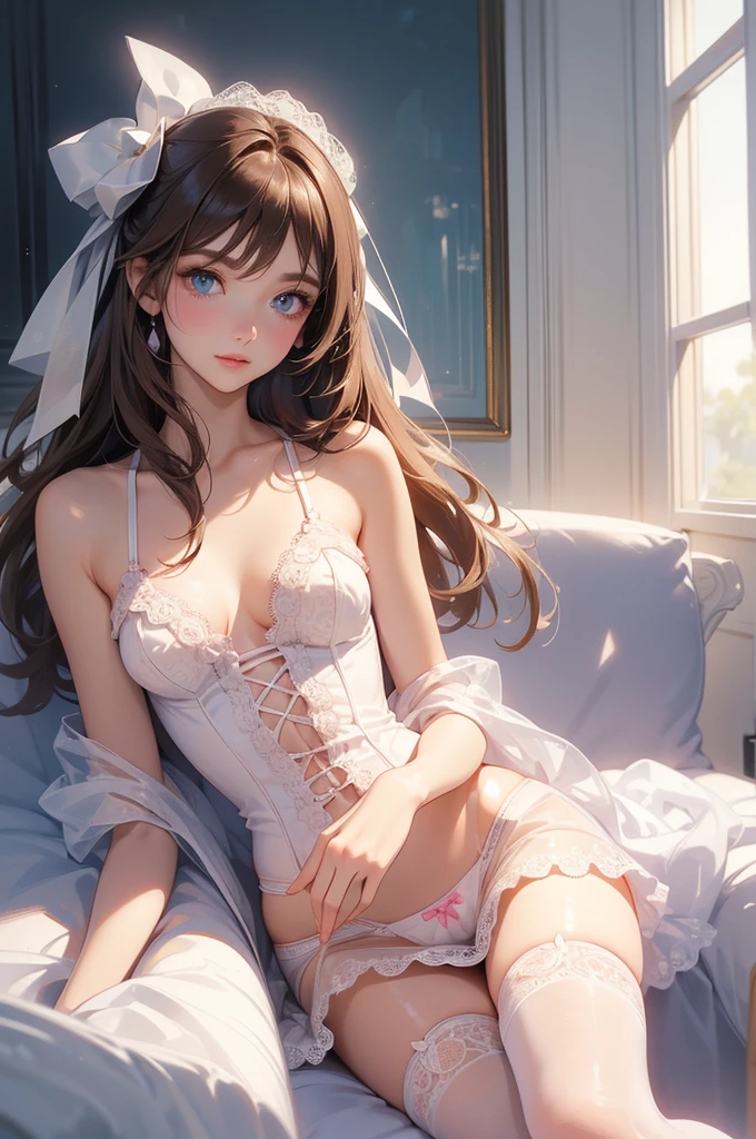 Girl lying on bed, cute, beautiful lingerie, perfect face, blue eyes, hand touch panties, lace skirt, skirt view, skirt, leg raised, domineering look, view between legs, white transparent lace panties, panties visible, panties peek, look from under skirt, lace lingerie, panty view, sexy, smile, teasing look, pee, big breasts. --auto --s2