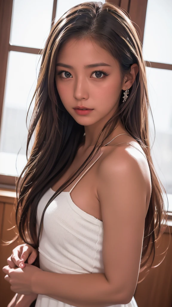 (Photoreal Stick:1.5, masutepiece:1.5, 8K, RAW shooting), (top-quality, masterpiece, 超A high resolution), Mystical portrait, Perfect dynamic composition, Professional camera work, Highly detailed skin and facial texture:1.3, Grow Light Effect, The ultra-detailliert, 1girl in, (On the rooftop, Intense sunlight:1.3, Sunlight pouring down from above:1.3, Strong sunlight spreads across the screen:1.3), (thin satin v-neck dress), (Shoot with blur:1.4, fog the lens:1.4), Model body type, beautiful and clear face, (Eyes that feel beautiful eros:0.9, Enraptured look:1.0, i love you completely:0.8, slightly open mouth, A mouthfeel that feels beautiful eros:0.7), (Dark brown medium hair, the hair flutters with the wind), the chest is medium, a necklace), (leaning, Sit up), ((seductiv))