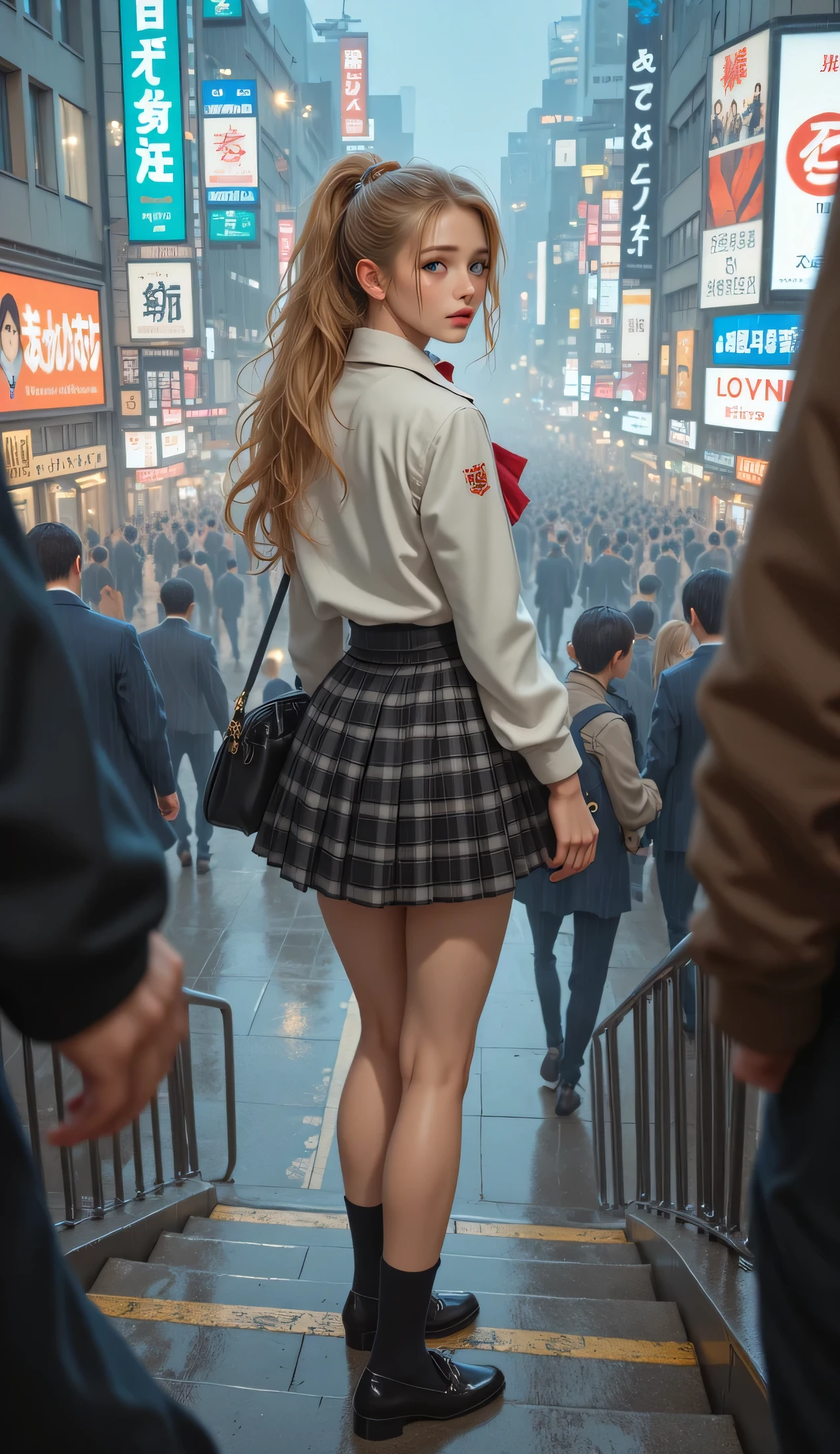 ultra fineCG Unity 8k壁紙、best image quality、ultra fine、masterpiece、real、写真real、ultra fine可愛い女の子、18 years old、(high school girl standing on school stairs)。((Rear view)),((looking back at the drugstore)),(Smiling high school students )、((skirt flip))、((flipping by myself))、low angle、blush、Red lips、watching the viewer、((low angle)) body shot of lightning、(crowd)、(渋谷のcrowd)、(Japanese high school and designated shoes)、(white blazer、Emblem on chest、1. 2)、(Plaid Mini Skirt:1.5)、(translucent wet student white shirt、pink bra can be seen through)、(loose red bow tie:1. 2）、（light brown casual fur）、（Black Loafers：1.5）、（beautiful顔：1.3）、（perfect proportions：1.2）、（long legs：1.2）、（beautiful：1. 3)、((The pink bra can be seen through the pin((Park bench with cherry blossom trees in full bloom))Top quality work、(Rear view),(inside),Actual Work、Ultra Premium Graphics、8K HD CG Works、 high quality graphics 、 high-resolution CG work 、10x pixels、extremely fine details:1.1、Advanced technical details:1. 1 Photorealistic  、natural light:1.5。(girl looking up at the sky) 、((Blond white hair、long hair)),(ponytail)Light effects( VIRTUAL LIGHT EFFECTS:1.8)、、Transparent Hair、Detailed Hair(Premium Hair Detail:1.1)Clear Eyes、beautiful double eyelids of a man with one woman、Sharp Eye Makeup(RAW shooting、Photorealistic Happy Faces:1.5、8k、best image quality、masterpiece、Ultra High Resolution with Oil Painting)、Perfect Dynamic Composition:1.2、Night Street Corner、I look up at the sky:1.3、((Heavy rain due to typhoon )))、extremely detailed skin and face texture:1.lim High School Girl Wet in the Rain:1.exy beauty、perfect style:1.2、Aesthetic Sense and Beauty、white skin、 very pretty face、(Rain dripping all over my body:1.2、wet hair:1.4、wet hair:1.2)、Water drops on skin、(Big Breasts、 chest gap)、(Laugh While Shy、Expression When You Feel Intense Caress、Expression of Pleasure)、(Beautiful Blue Eyes)、perfect body、 Perfect Fingertips 、best image quality、Live-action film、Ultra Premium Graphics、8K HD CG Works、Hi-Vision Graphics、Hi-Vision CG Artwork、10x pixels、 ultra fine details :1.1、Advanced Technical Details:1.1、Photorealistic Shisou、Indoor Lighting Effects:1.5、natural light:1.5。Lighting Effects(Virtual Lighting Effects:1.8)、(fine eyebrows)、(high nose)、( beautiful red lips )、(Rose Cheek)、(Subtle makeup face)、