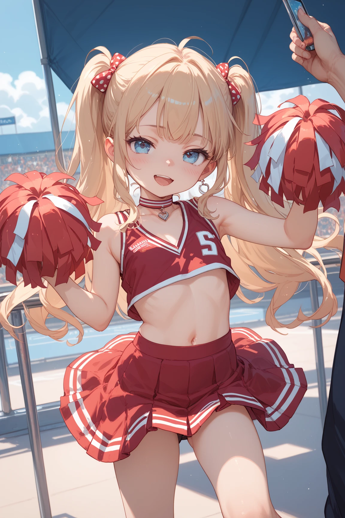 One girl, smiling, big mouth smile, droopy eyes, cheerful expression, big eyes, blond twin-tail hair, red ribbon, small breasts, cheerleader, moe mark on chest, cheering baseball, holding bonbon, holding bonbon,5 fingers, both hands, quality fingers, face in focus, from front, red eyes, No shadows in background, high quality, high quality with no shadows in background