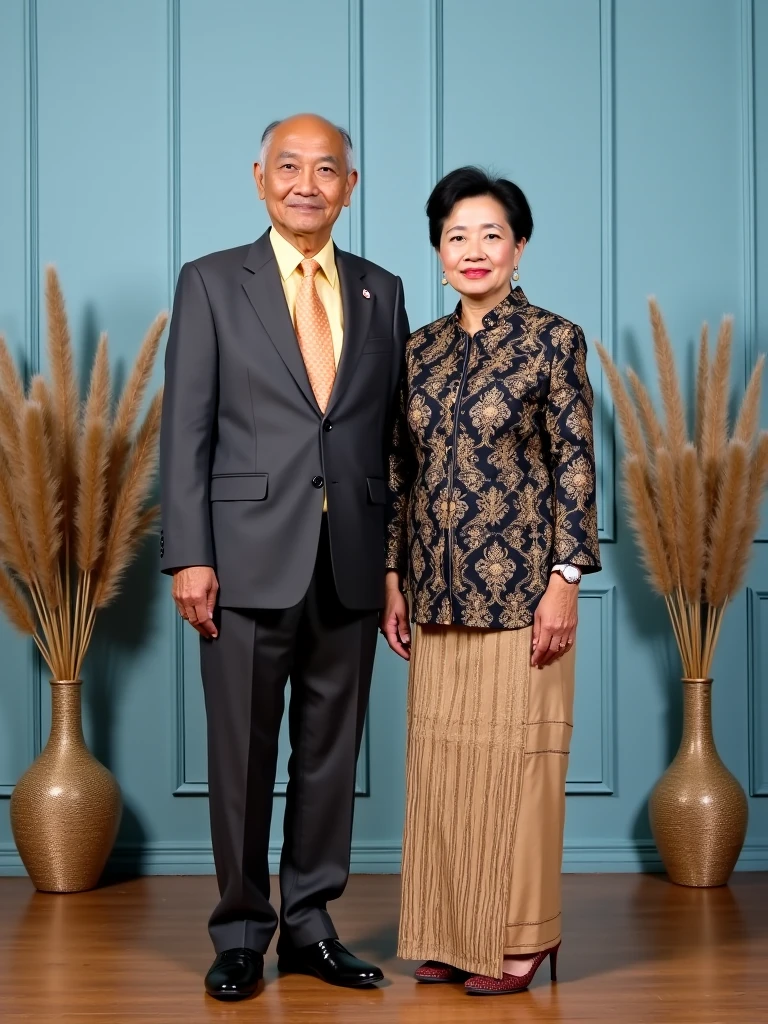 Highly realistic photo, ((masterpiece), (best quality), (raw photo), (photorealistic:1.4), This photo features an elderly couple seated side by side on wooden chairs against a beige gradient background. The man, on the left, is wearing a dark suit, white shirt, and a black tie. He has glasses, short gray hair, and is looking straight ahead with his hands folded on his lap. The woman, on the right, is dressed in a traditional gold áo dài with floral patterns and black accessories, including a black headpiece and necklace. Her hair is gray, tied back, and she has a gentle expression, with her hands resting on her lap. , photo taken by Sony A7IV