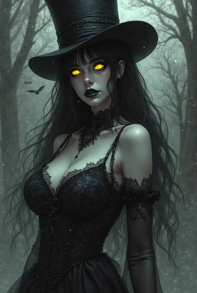 a 200-year-old witch with long black hair,a powerful villain,magic flowing from her hands,dark mysterious aura,eerie green glowing eyes,tattered black robe,skeletal fingers,gnarled hands,haunting atmosphere,dramatic lighting,cinematic composition,dark fantasy,supernatural,highly detailed,photorealistic, big breasts, sagging breasts, belly button, "looking at the viewer", "front view", "creepy witch hut"