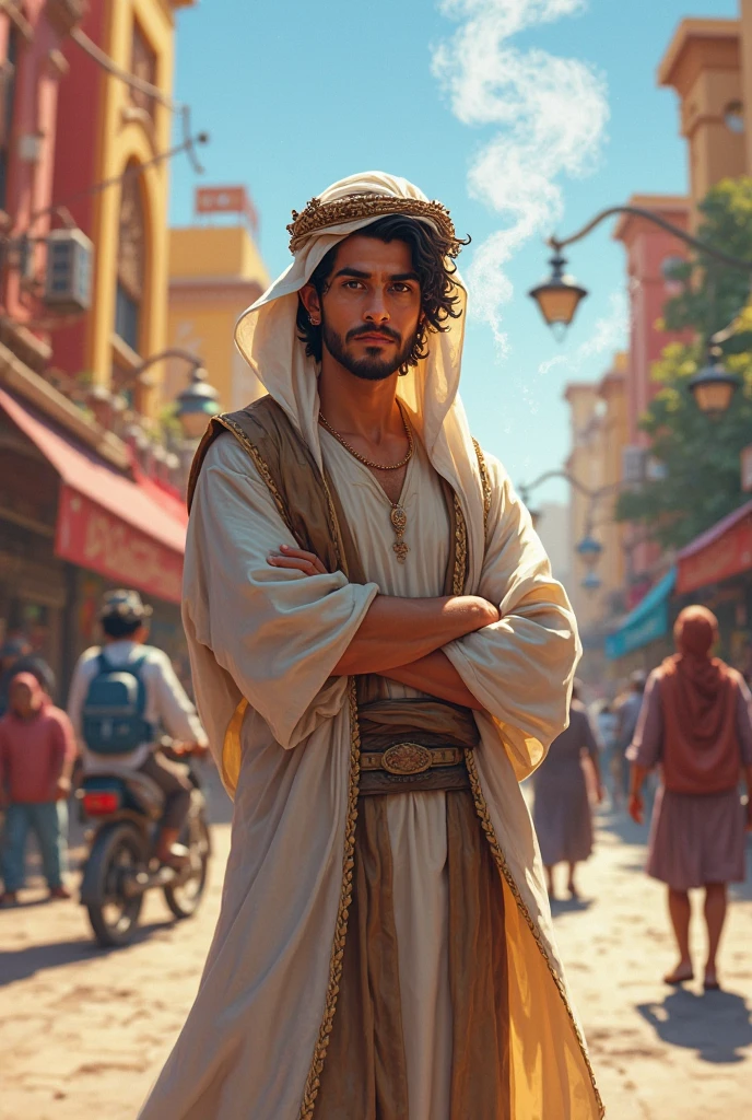 একটি আরবিয়ান যুবক রাস্তায় দাঁড়িয়ে ধূমপান করছে