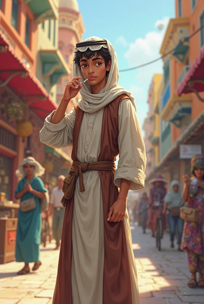 একটি আরবিয়ান যুবক রাস্তায় দাঁড়িয়ে ধূমপান করছে