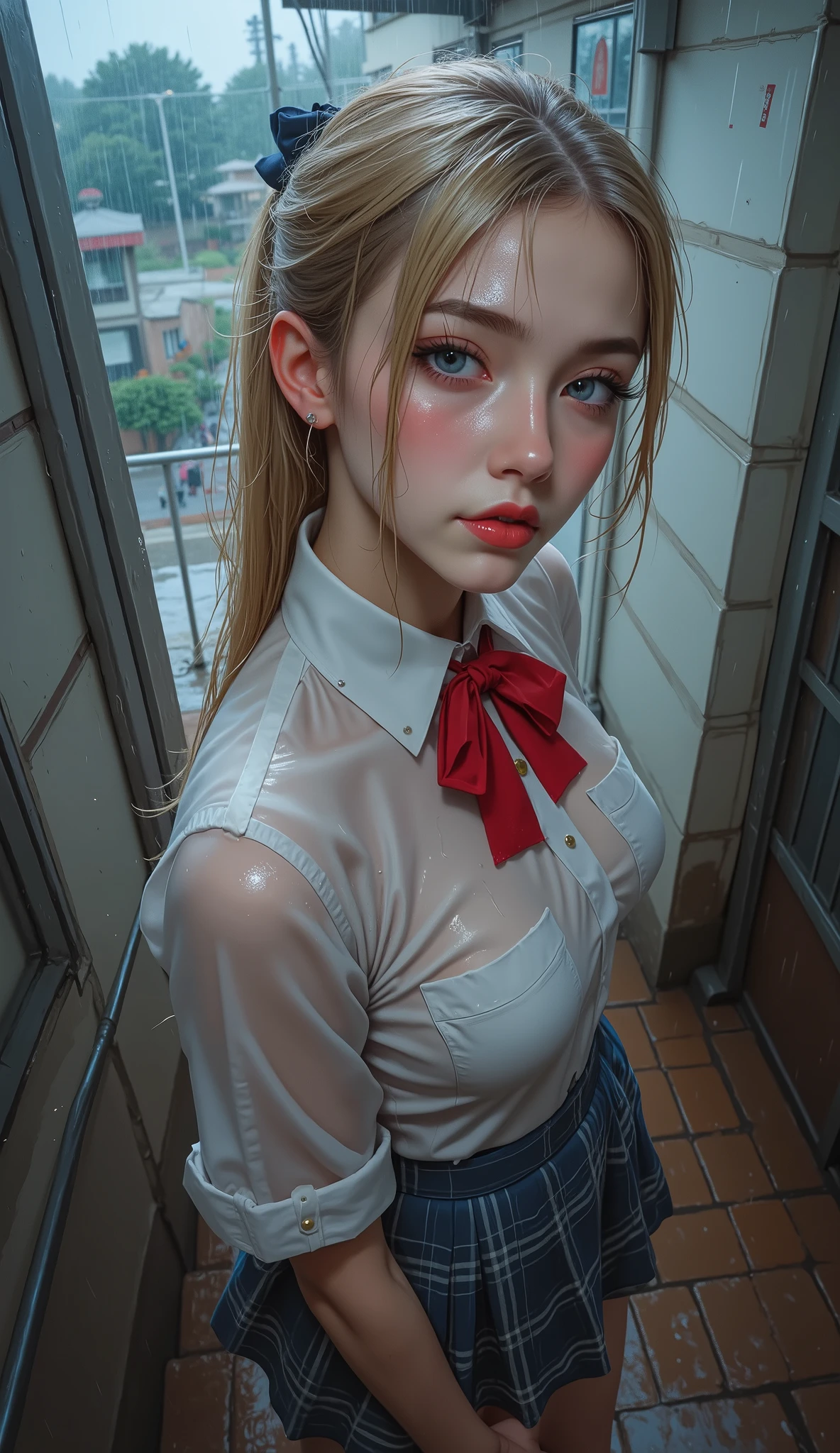 (((NSFW0.7)))，(( At the train door))、((Wet blazer)),((Translucent wet white blouse、Red bow tie、Dark blue checked skirt)).((No bra)) ,(Nipples),40k, photograph, Tabletop, highest quality, Mr. Rain.Background, (( Gorgeous wet blonde girl with beautiful eyes, She has a beautiful face and wears glasses, )). White skin, Mr.々A pose.((Medium sized breasts,:1.1)), highest quality, Tabletop, Ultra-high resolution, (Realistic:1.4), RAWphotograph, (Perfect figure), (slim:1.3), Slim stomach, Perfect slim figure, Dynamic A pose, (((big :0.9))), alone, Cold light 12000K, Very detailed facial and skin texture, Fine Eyes, Realistic eyes, Beautiful and beautiful eyes, (Realistic skin), charm, 超A high resolution, Ultra-realistic, Very detailed,((she&#39;s soaking wet))、(())、((Rear View)),((Looking Back))、
