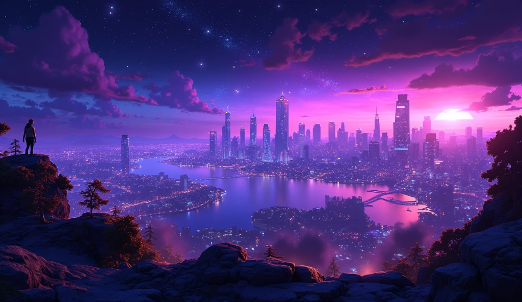 ((Top Quality、Ultimate Masterpiece、Official Art、CG illustration))、( landscape illustration、bright detailed animated illustration)、(Big city night、Tokyo cityscape、Starry sky over a big city、)