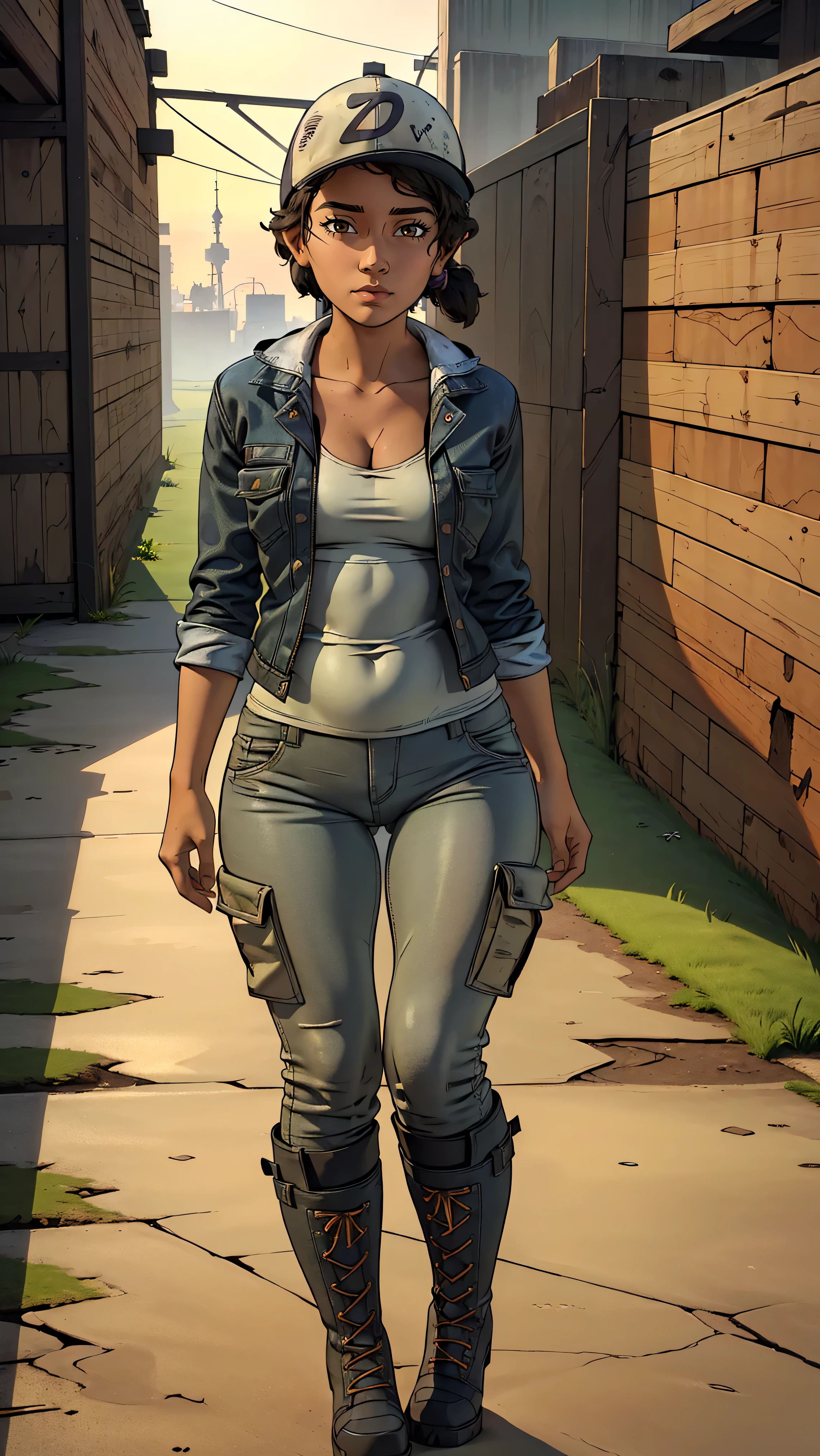((masterpiece, best quality)),(complex lighting) ,solo,(((1girl))) ,clementine, light skin,light-skinned female, baseball cap, green cargo pants, brown eyes, tight pants, combat boots, shirt, short hair, one short ponytail, open denim jacket, huge butt, thicc butt, (((thicc hips))), (((wide hips))), (((wide thigh gap))), (((8k))), (((full body))), (((looking at the viewer))), (((view from in front of her))), small breasts, cleavage