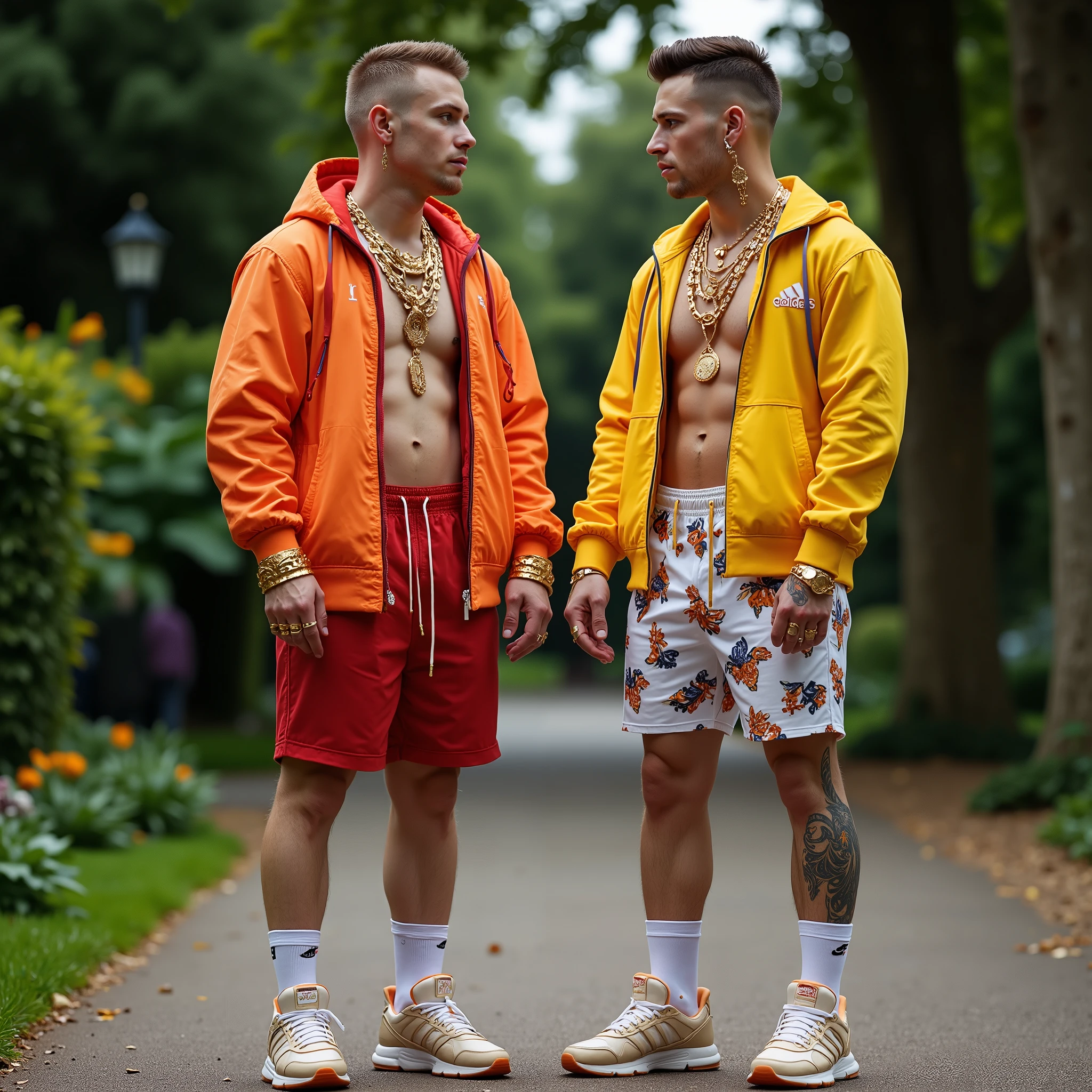 full view full body, Portrait of a one handsome young white guy with shaved head and one handsome other white guy with short blonde undercut haircut, both wearing dark-green Moncler over-inflated over-puffer jackets and dark-green adidas trackie pants, golden rings, necklaces, bracelets, 'Moncler' logo white socks,no shoes, lying on a bed, gay loving, looking horny, bulges, their white socks must be seen, touching feet and hands