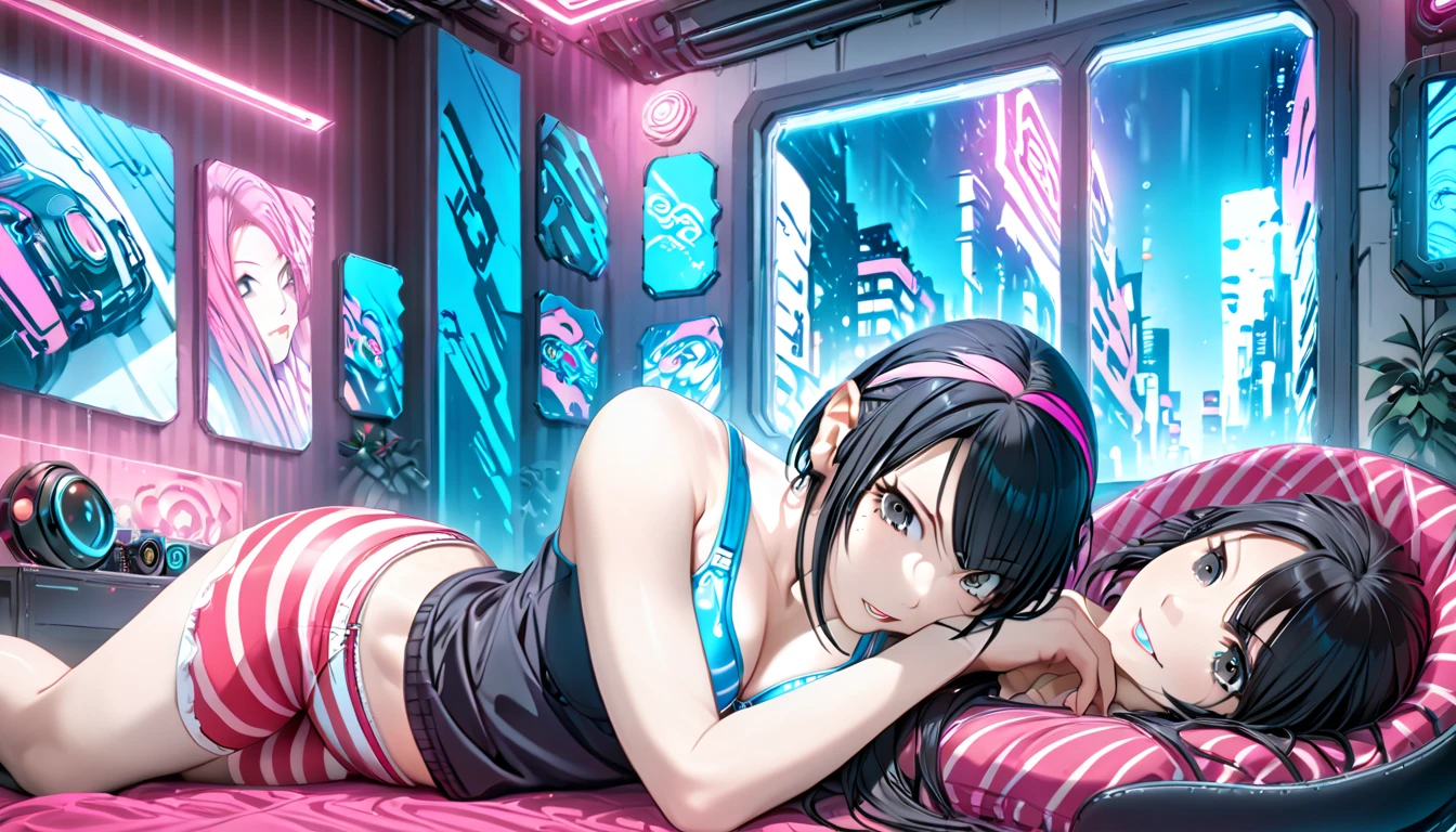 Japanese high school girl,1 person,mirror,curtains,plush toy,Lie down on the bed by the window,Cyberpunk,Neon Glowing Town,night,bra,striped panties,long hair,black hair, black eyes,slender,??????????????,Shaped eyebrows,opens her mouth and laughs,4K,8K,Extreme Detailed Depiction,Precise Details,vibrant colors,Digital Paint,masterpiece,Speedy,thigh to head, the exact number of fingers 、 Accurate Foot Count 、(Exact arm count:1.0 、 Exact number of hands:1.0 ) 、( perfect hand 、 perfect ???????)