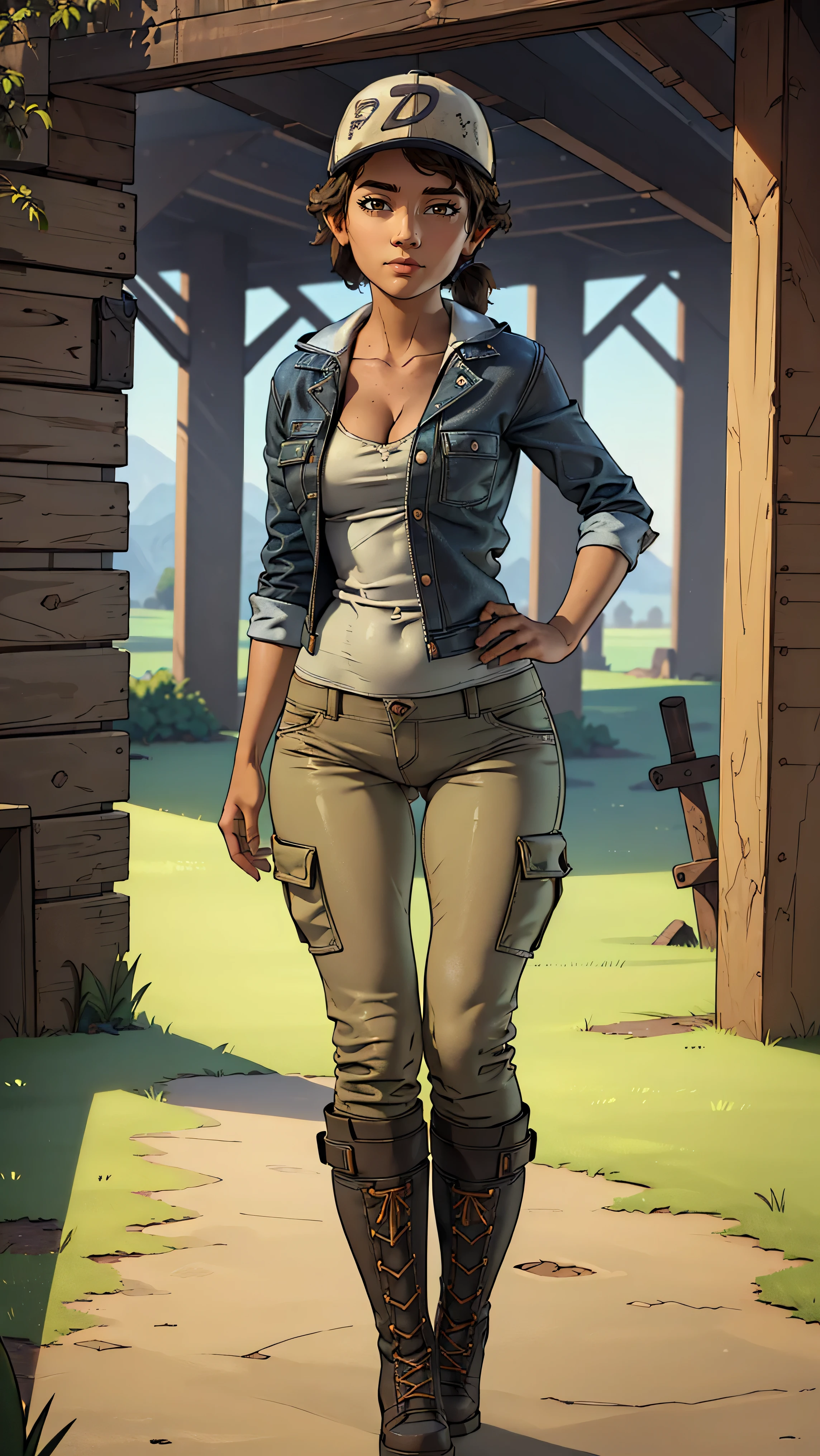 ((masterpiece, best quality)),(complex lighting) ,solo,(((1girl))) ,clementine, light skin,light-skinned female, baseball cap, green cargo pants, brown eyes, tight pants, combat boots, shirt, short hair, one short ponytail, open denim jacket, huge butt, thicc butt, (((thicc hips))), (((wide hips))), (((wide thigh gap))), (((8k))), (((full body))), (((looking at the viewer))), (((view from in front of her))), small breasts, cleavage