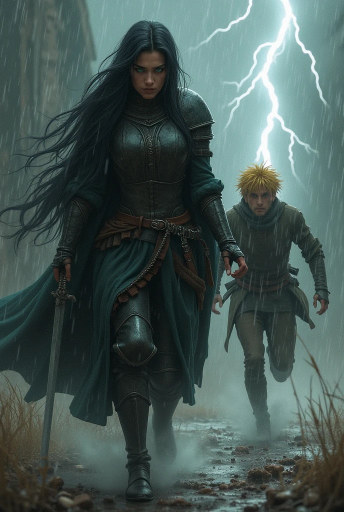 In a dark forest, A warrior woman, with very long black hair and white skin. Behind her, there is a boy child, with curly red hair and white skin.