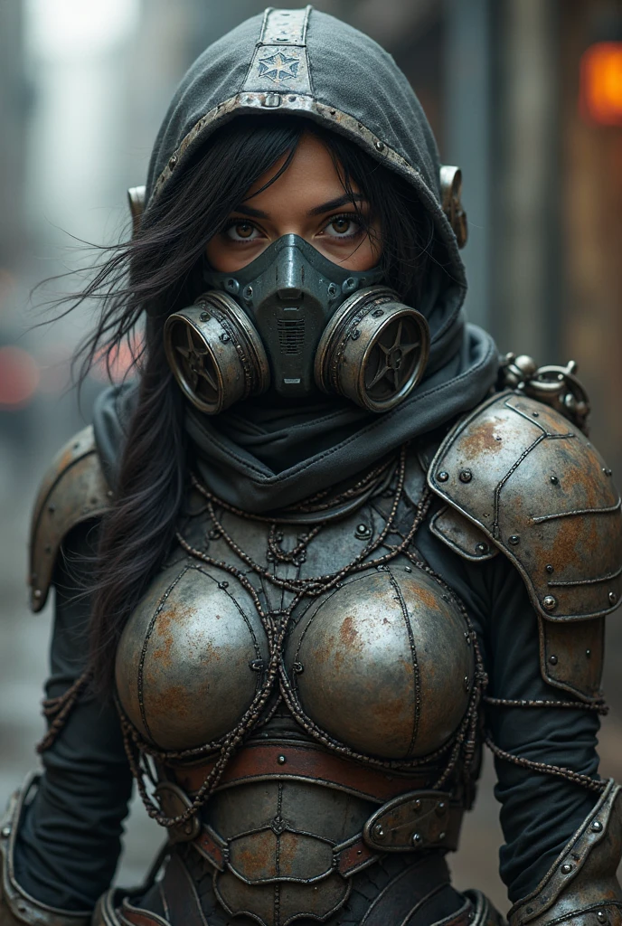 She wears armour and a mask with a gass mask built in she has black hair