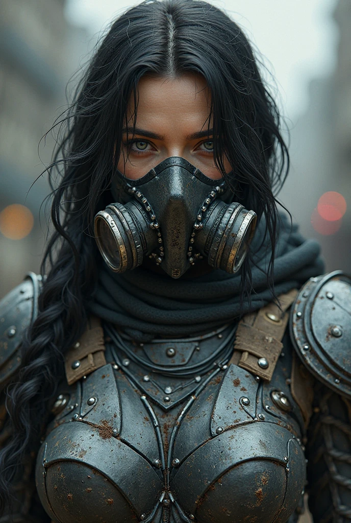 She wears armour and a mask with a gass mask built in she has black hair