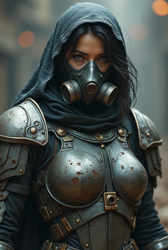 She wears armour and a mask with a gass mask built in she has black hair