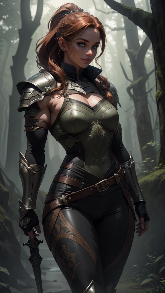 solo,alone,1woman,1girl,1person,Ultra-detailed full-body portrait of a powerful and battle-hardened female adventurer standing confidently in a vast ancient forest, her piercing emerald green eyes filled with determination. She has a strong, well-defined physique, muscular yet feminine, with broad shoulders, toned arms, and powerful legs that highlight her warrior’s endurance. Her long auburn hair is loosely tied back into a warrior’s braid, with a few wild strands framing her intense, focused expression. Small, battle-worn scars add to her seasoned and fearless presence. She wears a meticulously crafted **light armor set**, designed for both protection and agility. Reinforced **leather ????? armor** with intricate engravings fits snugly over a durable, sleeveless dark tunic. Her toned arms are exposed, showing her strength, while **metal bracers and fingerless gloves** offer both protection and dexterity. A **belt with multiple pouches and small throwing knives** wraps securely around her waist, and her muscular legs are clad in **tight, flexible leather pants with armored greaves** for mobility. A finely crafted **short sword and a curved dagger** rest at her ????, always within reach. The background features a **dense, misty woodland**, with faint ruins hidden among the trees, adding mystery and adventure. Golden-hour sunlight pierces through the thick canopy, casting dramatic **rim lighting** over her figure. Dust particles float in the warm glow, while in the distance, the silhouette of a **ruined fortress looms**, hinting at a dangerous journey ahead. Captured in a **high-resolution, photorealistic style**, this professional 35mm photograph highlights intricate armor textures, realistic skin details, and an immersive cinematic atmosphere. The composition follows the **rule of thirds**, emphasizing her dominant presence in the frame.
