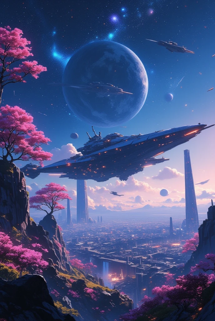 Migration stellaire, vues cosmiques à couper le souffle, Colonisation interstellaire, vaisseaux spatiaux futuristes massifs, vaisseaux spatiaux élégants et avancés, grandes stations spatiales en orbite autour de planètes extraterrestres, paysages extraterrestres luxuriants, villes flottantes avec des structures illuminées au néon, terraformers façonnant de nouveaux mondes, astronautes en combinaisons high-tech, flore extraterrestre luisante, cascades sous des étoiles binaires, nébuleuses lumineuses dans le ciel, anneaux planétaires s'étendant à l'horizon, Utopie de science-fiction, fusion harmonieuse de la technologie et de la nature, atmosphère surréaliste et impressionnante, éclairage cinématographique, ultra-détaillé, hyperréaliste, résolution 8k