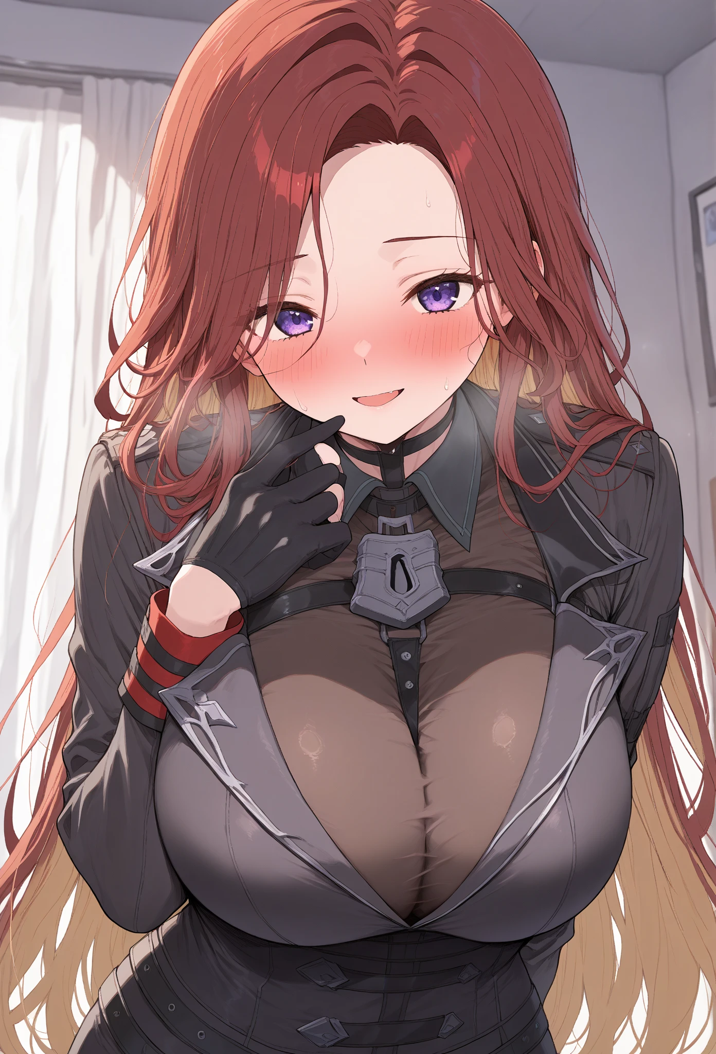 (masterpiece, highest quality, best quality, official art, beautiful and aesthetic: 1.2), (1girl), extremely detailed, (fractal art: 1.3), highest detailed, upper body focus, upper body, HDR, ), vivid visual effects, (dynamic stripes, luminous traces: 1.2), completely naked, abs, muscular, ass, ass focus. Looking at viewer, sitting at a office table, office, dominant, annoyed expression, frustrated, sitting, huge breasts, boob window, naked breasts, breast window , Detailed face, perfect face, (integra hellsing cross bet blindfold), wearing overall jumpsuit, overall jumpsuit showing shaved armpits