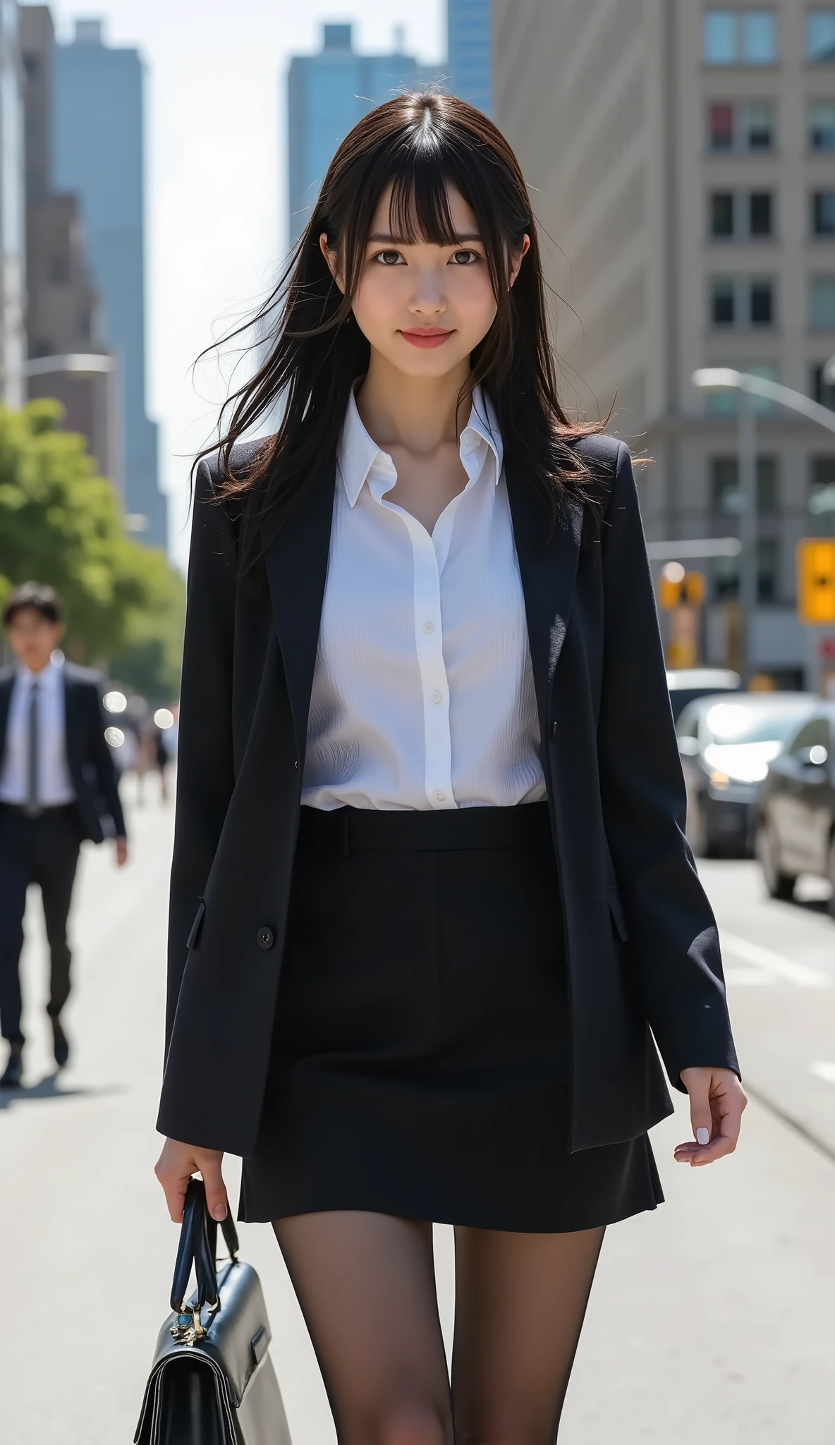 Woman in a suit standing on the sidewalk,((25-year-old woman))、small Breasts、Dark brown hair color、Hairstyle with bangs、Various hairstyles、Hairstyles of different lengths、(8k, RAW Photos, highest quality, Tabletop: 1.2),、(Realistic, Realistic: 1.3), Cityscape, Day, Sunny Morning, Professional Lighting, Photon Mapping, shirt, (Woman in a suit,) Silk Suit、Pencil Skirt、Tight Skirt、((Delicate photo)),(Detailed RAW Photos of Girls), (Tabletop:1.25), (highest quality:1.6), (超A high resolution:1.5), (Realistic:1.75), 8k resolution, Canon EOS R5, 50mm, absurdes, Ultra-detailed,Cinema Lighting, (Skirt Lift:1.4)、nsfw、the wind is strong、smile、Skirt flipped up、sexy panties