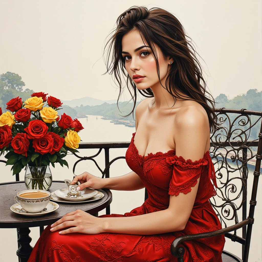Alcohol ink painting of a stunning beautiful Thai woman, messy hair, brown eyes, balcony at table with cup of coffee, red & yellow roses bouquet in vase, red off shoulder, delicate lace pattern, intricate details, with exquisite details, beside the river in Bangkok, minimalism