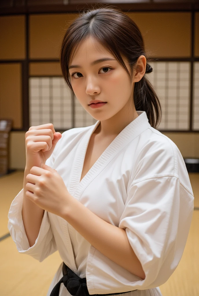 (((Straight fist punch: 1.3))) (((straight fist punch: 1.3))), one girl (beautiful girl, delicate girl: 1.3), (15 years old: 1.3), break ((NSFW)), ((the breasts)), ((black belt)), ((judo clothing)), break, (karate dojo), (((straight fist punch: 1.3))), broken, very detailed eyes (Symmetric eyes: 1.3), broken, small breasts, brown eyes, parting bangs, brown hair (upper teeth, the best smile: 0.2), broken, (detailed eyes and face: 1.0) , BREAK, (masterpiece, highest quality, super detail, detailed face, 8K)