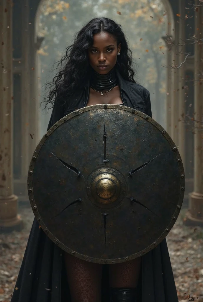 A beautiful black woman in a black coat squatting with her magnificent shield 