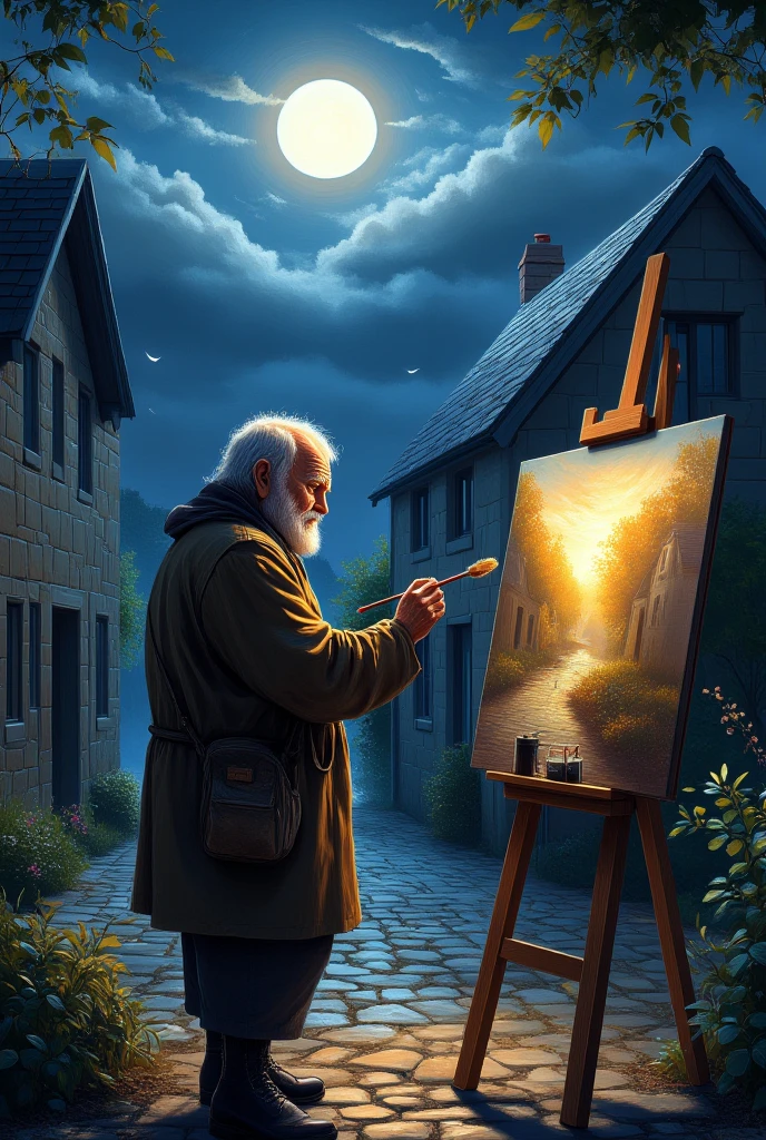 An Old Painter Who Paints with the Light of a Streetlight、A Stone House Familiar on Both Sides々lined up、Pebble path with the moon shining in the sky、Clouds and Air。
