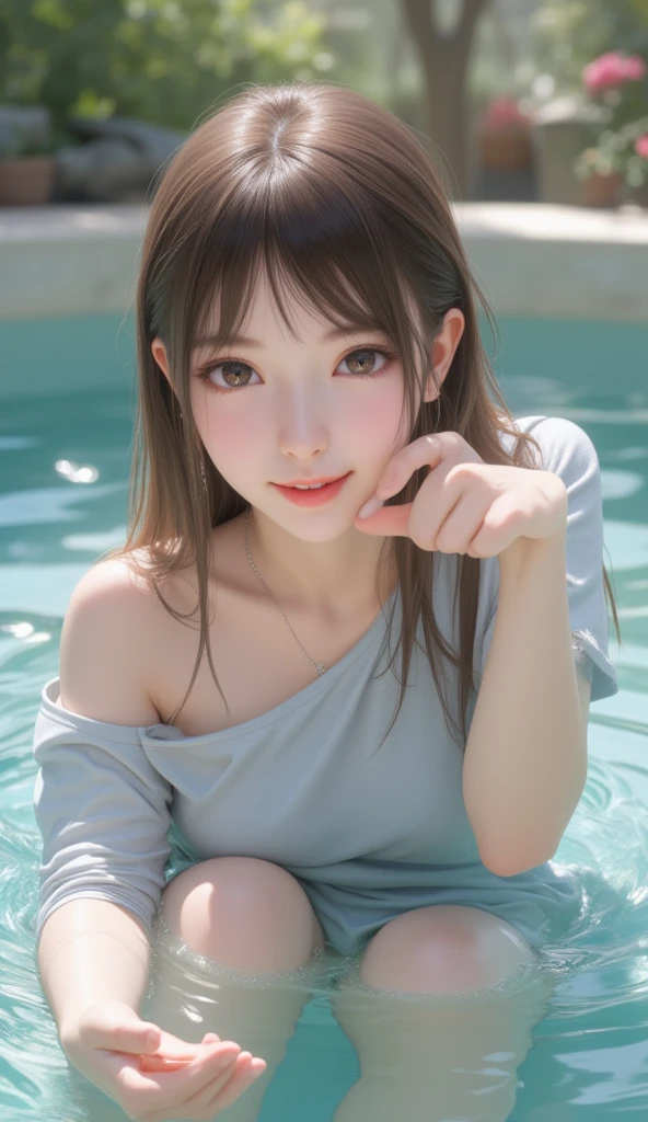 pureerosface_v1, best quality, photorealistic, 8k, high res, 1girl, woman, (skindentation), (portrait:0.6), gorgeous, dynamicpose, ((poolsidebackground:1.6)), coconut tree, ((mediumsize roundbreast, white highnecksweater:1.4)), straight-looking at viewer:1.8, (1girl eyes looking at viewer, medium-length hair, brownhair, partedbangs:1.65), (bokeh), smile:1.2, (closed mouth:1.16),