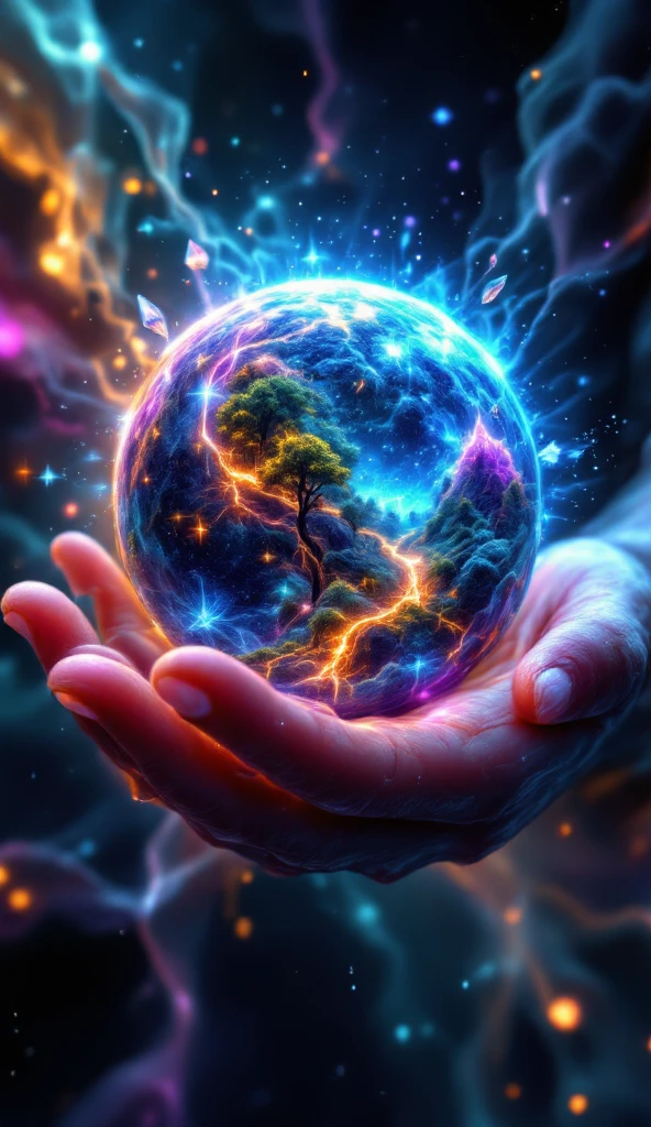 Prompt:

Masterpiece, breathtakingly detailed macro shot of a miniature dreamscape cradled by the luminous hand of a cosmic creator goddess. Fantastical crystalline formations of varying transparency and color create an otherworldly environment. Within this "crystal dreamscape," tiny, whimsical sprite-like beings with iridescent wings flit and glow. Volumetric light filters through the crystal structures, casting vibrant caustic patterns. Hyper-realistic textures showcase the intricate facets and internal luminescence of the crystals. Dreamy, ethereal background with soft, glowing particles. Focus on the magical and whimsical nature of a micro-fantasy world.

Notes: cosmicart, fantasyart, detailedillustration, SuperPremium, aesthetic, 8K.

Key elements: Whimsical crystal formations, sprite-like beings, iridescent details, magical atmosphere, dreamlike quality.