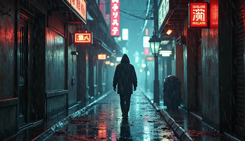 A rainy alley with neon signs, a lone figure walking with a hoodie, reflections on wet ground, lo-fi cinematic sadness.