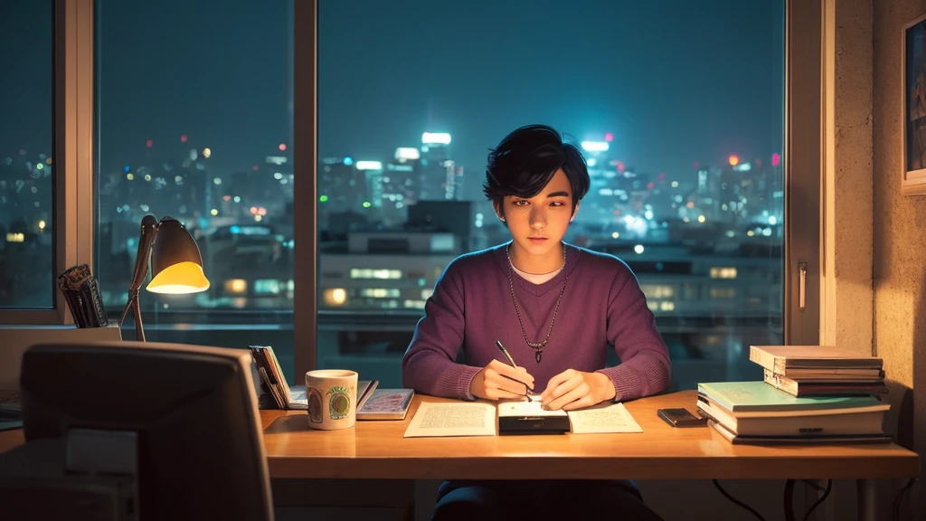 An anime-style illustration inspired by 1980s city pop aesthetics. A young man with tousled black hair sits at his desk in a dimly lit room, studying late at night. He wears a casual vintage sweater and jeans. The room is softly illuminated by a desk lamp and the glow of neon city lights pouring through a large window behind him, blending hues of pink, purple, and electric blue. Outside, a dreamy nighttime cityscape with retro buildings and glowing signs adds a nostalgic touch. A cassette tape player, scattered textbooks, and a half-finished cup of coffee sit on the desk. The art style captures the warm, grainy texture of 80s anime, with cinematic lighting and a relaxed yet focused mood.