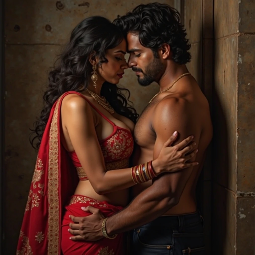 A Busty MILF Indian lady lying on Bed Wearing Saree with Large Breasts Exposed, Kissing a young Boy, Dim light in the room, Realistic image.