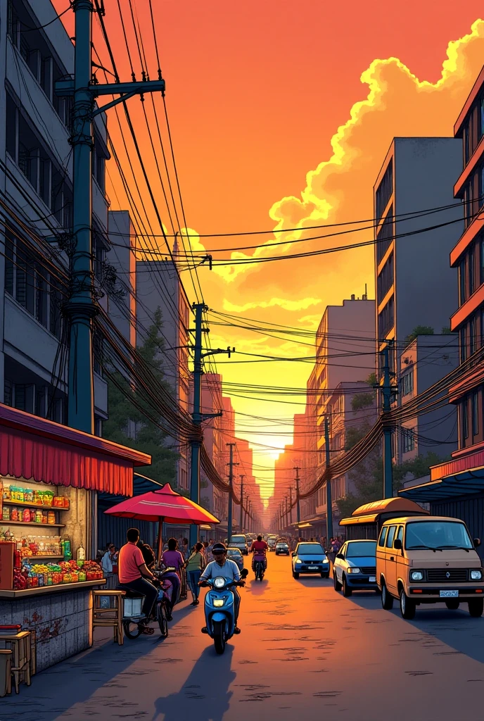 Panel 1 — Establishing Shot (Environment)
Setting: Bustling streets of Manila, late afternoon.
Foreground: A sari-sari store selling snacks and drinks.
Middle Ground: Jeepneys, tricycles, and s playing tumbang preso.
Background: Tall buildings, electric wires crisscrossing the sky, and the famous Manila sunset.

Caption: "Somewhere in Barangay Luna, Manila…"