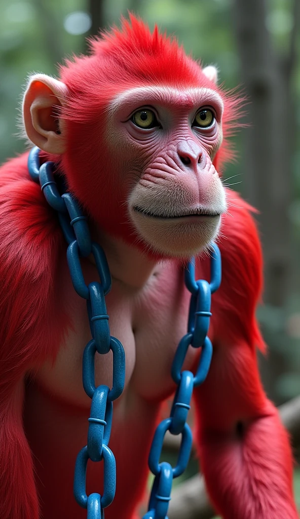 Anthropomorphic mandrill-faced Dungeons and Dragons monk, with orange fur, blue baggy pants and bandages wrapping part of his chest, the fists and forearms and calves. Very fibrous and not too muscular. With the details of the face with blue touches. In meditation position.