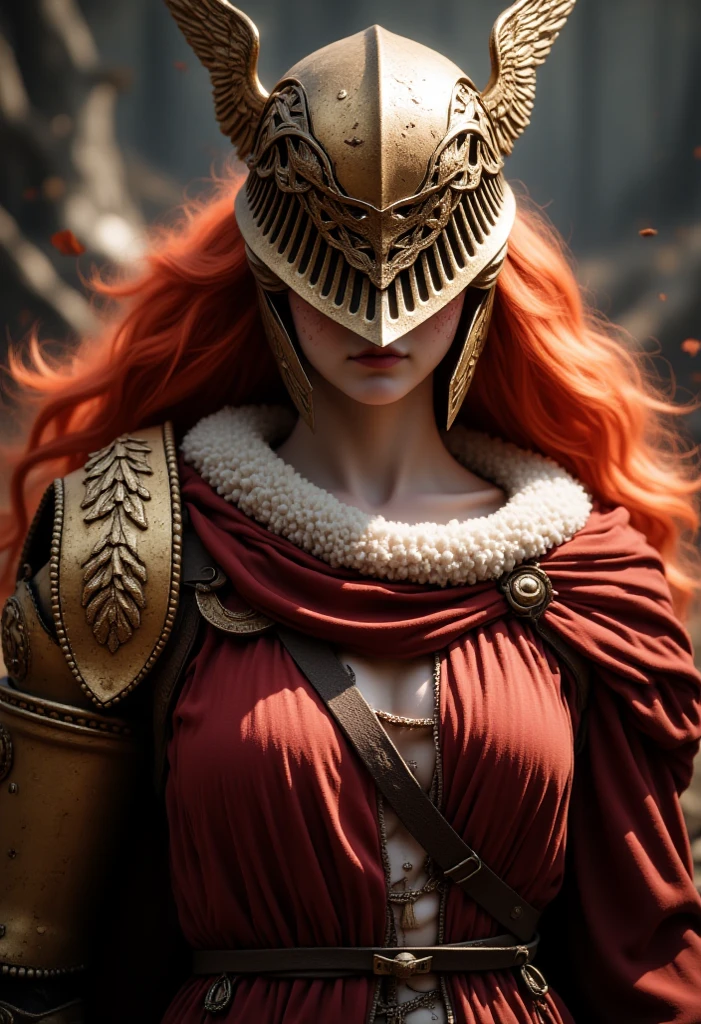   A captivating and haunting image of MaleniaNorm  ,   Her combat-proven beauty and unyielding grace are captured in breathtaking detail  .  Her skin is pale ,   almost ethereal tone  , ,  the with faint scars and the wear and tear of countless battles  . Ihre lange,   fiery red hair cascades encircle her  ,   in sharp contrast to her golden helmet and armor  ,   adorned with intricate thorn-like designs  .   She stands in her iconic  ,   tattered crimson and golden clothes  ,   the fabric and metal ,  that tells a story of endless conflict and resilience  . Her ghostly  ,   resolute eyes penetrate the scene  ,  } and radiates both strength and suffering  .  High-quality playback captures every detail of Malenia's enigmatic and terrifying presence,   draws viewers into the dark  ,   enchanted world of countries Between  ,   marked is ,  in which beauty and brutality coexist in a fascinating dance  . 