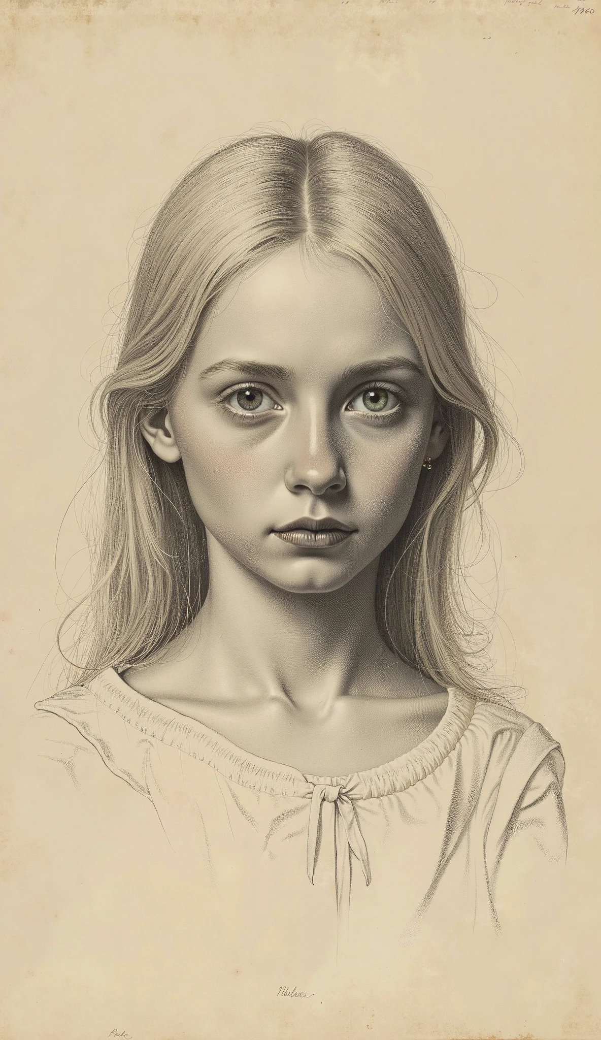 
         Schematic Drawing, Search in 1860. young blonde girl, thin lips, Sunken cheeks, triangular face, High forehead
        