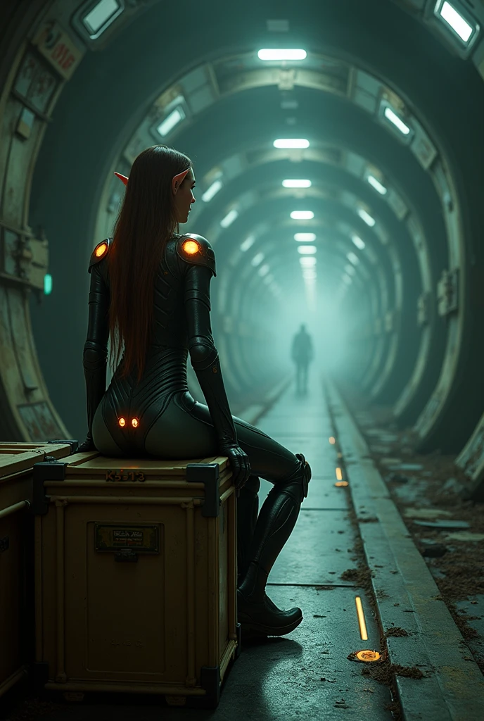 Супермен и Бэтмен в ночном Лего-искусствеA cinematic, realistic sci-fi scene showing a tall elven woman sitting on the edge of a large transport platform labeled "K-5-113" in a dark, damaged corridor of a spaceship. She is viewed from behind, looking down the corridor into a branching passage in the distance. Her back leans against a crate, her posture tired and slouched. Her figure is athletic and graceful, with a segmented armored spacesuit featuring orange glowing elements and soft fabric joints. The armor is thin, plate-like, slightly worn at the edges, and follows the form of her body. Her long light brown (russet) hair is loose, partially covering her elven ears which are subtle, elegant, and realistic. A single chemical glow stick (yellow-green) lies beside her on the floor. The transport platform is static, not sparking. Floor markings are straight, slightly faded. The lighting is low and moody, with dramatic shadows and a feeling of isolation.