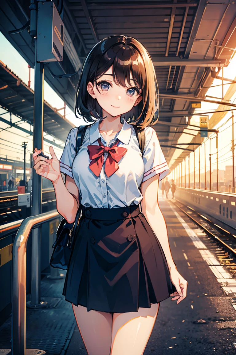 Beautiful smiling girl standing on the train station platform、