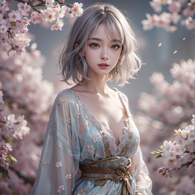 (masterpiece:1.3), (8k, Realistic, RAW Photos, Best image quality: 1.4), Fair-skinned fairy woman、short hair、Cleavage:2.0、Highly detailed face、Attention to detail、double eyelid、Sharp focus:1.2、Beautiful woman:1.4、Silvery white hair、highest quality、masterpiece、Ultra-high resolution、(Realistic:1.4)、Highly detailed and professionally lit smiles、Loose, Light,Japanese high 、 one person、whole body, I eat breakfast