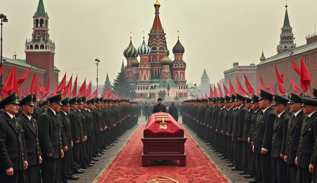 period piece masterpiece, Stalin's casket, draped in a Soviet flag, is carried by soldiers towards the entrance of the mausoleum. In the background, the spires of the Kremlin loom, background cinematic, hyper realistic, ultra detailed hyper realistic, photorealistic, Studio Lighting, reflections, dynamic pose, Cinematic, historical accuracy, Color Grading, Photography, Shot on 50mm lens, Ultra-Wide Angle, Depth of Field, hyper-detailed, beautifully color, 8k