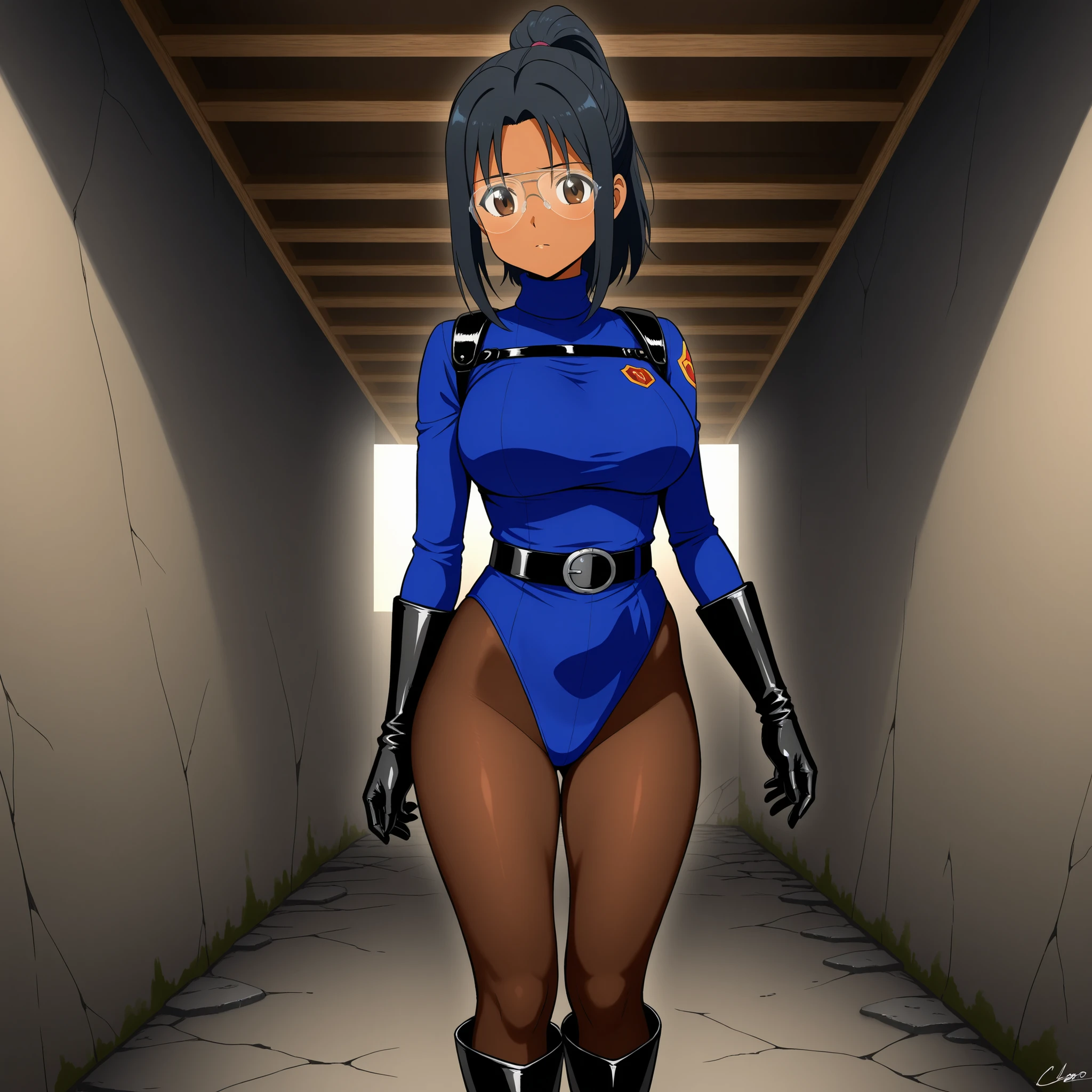 high quality, extremely detailed, perfect face, thighhighs, lips, large breasts, leotard, highleg, bimbo, posing, teasing, big ass, sexy outfit, big lips, high heels, slim waist, solo, outdoors, tree, 1girl, tomboy, midriff, thighhighs, (dark skin), choker, (blue jacket), sunglasses on forehead, ahoge, piercings, toned, short brown hair