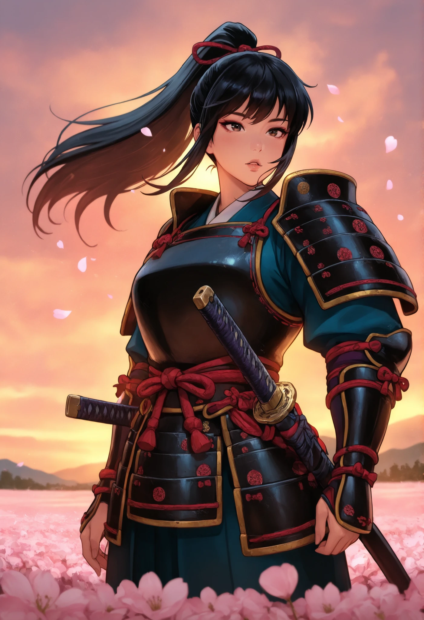 1girl,samurai warrior, traditional armor, cherry blossom field, katana drawn, sunset lighting, wind blowing petals, cinematic composition, feudal Japan
,masterpiece, best quality, newest, highres, absurdres,