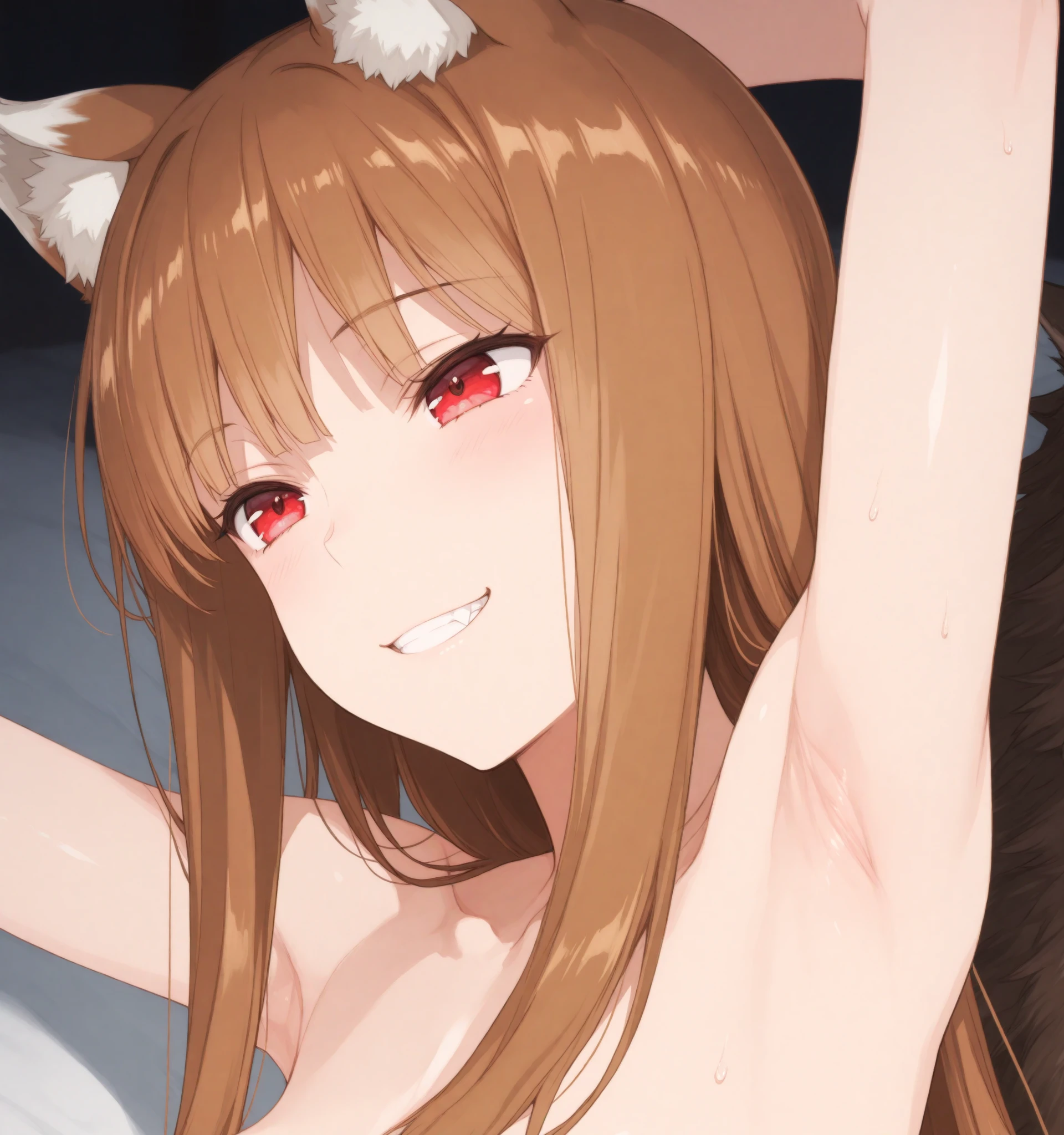 Raphtalia, NSFW, nude, gigantic breasts, cute, racoon tail, racoon girl, from below, open legs, small cute smile, embarrassed look, dripping pussy, thigh high socks, from the side, looking back, in bed,
