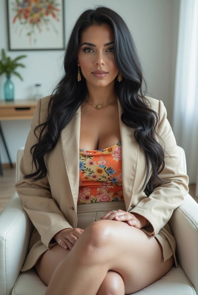 (masterpiece, high resolution, photo-realistic:1.3), Karla Jaeger seated elegantly on a modern couch in a chic urban living room, her (intense gray eyes:1.2) mirroring the energy of the bustling cityscape outside, (sleek straight hair:1.2) cascading down her shoulders with understated glamour, clad in a (stylish jumpsuit:1.2) accentuated by edgy accessories, contemporary art pieces lining the walls, evoking a sense of metropolitan sophistication