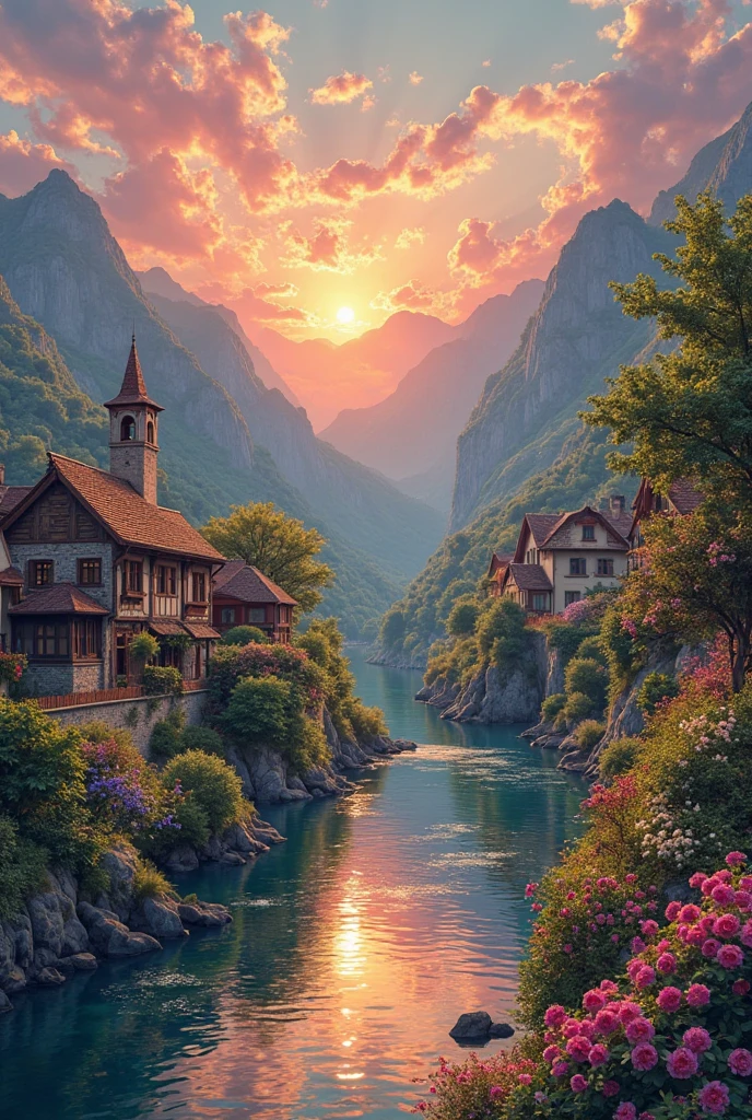 a small village by the river, mountains in the background, floral flowers colorful, detailed landscape, Beautiful natural landscapes, atmospheric lighting, scorching sunset, warm colours, practical, photopractical, Detailed Foliage, complex buildings, cobblestone street, Charming country house, swirly vibrant colors, lush vegetation, Still water reflections, Picturesque, idyllic, work of art, best qualityer, 8k, extremely detaild,anime styling