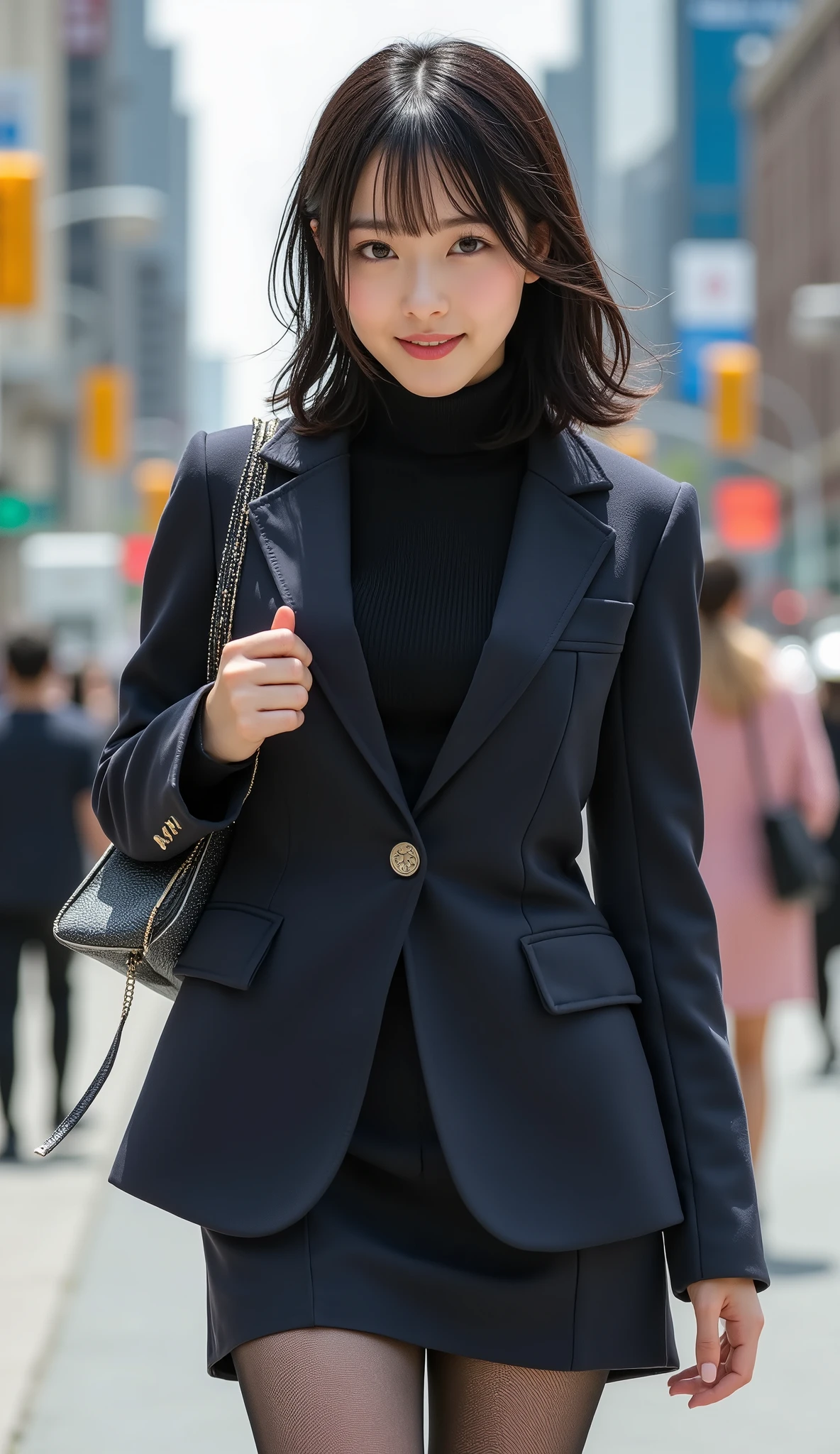 Girl walking through the business district, (surreal,high resolution, very well detailed:1.2), (8k), (Beautiful Eyes, Detailed Faces:1.2), (Top Quality), (very well detailed), (( masterpiece)),Top Quality,very well detailed, beautiful woman in a business suit , jacket, mini pencil skirt、(ultra realistic pantyhose), ((full body shot of hair in backlight)) 、 black medium bob, Beautiful Eyes, cute face,  Bust, Big Boss, ELEGANT AND BEAUTIFUL FEATURES , charming smile , age 25, mature, Realistic Painting Art ,  female 1 person, full body image, (From head to toe:1.5）, (full body:1.8),(頭から Bustへの画像スコープ),