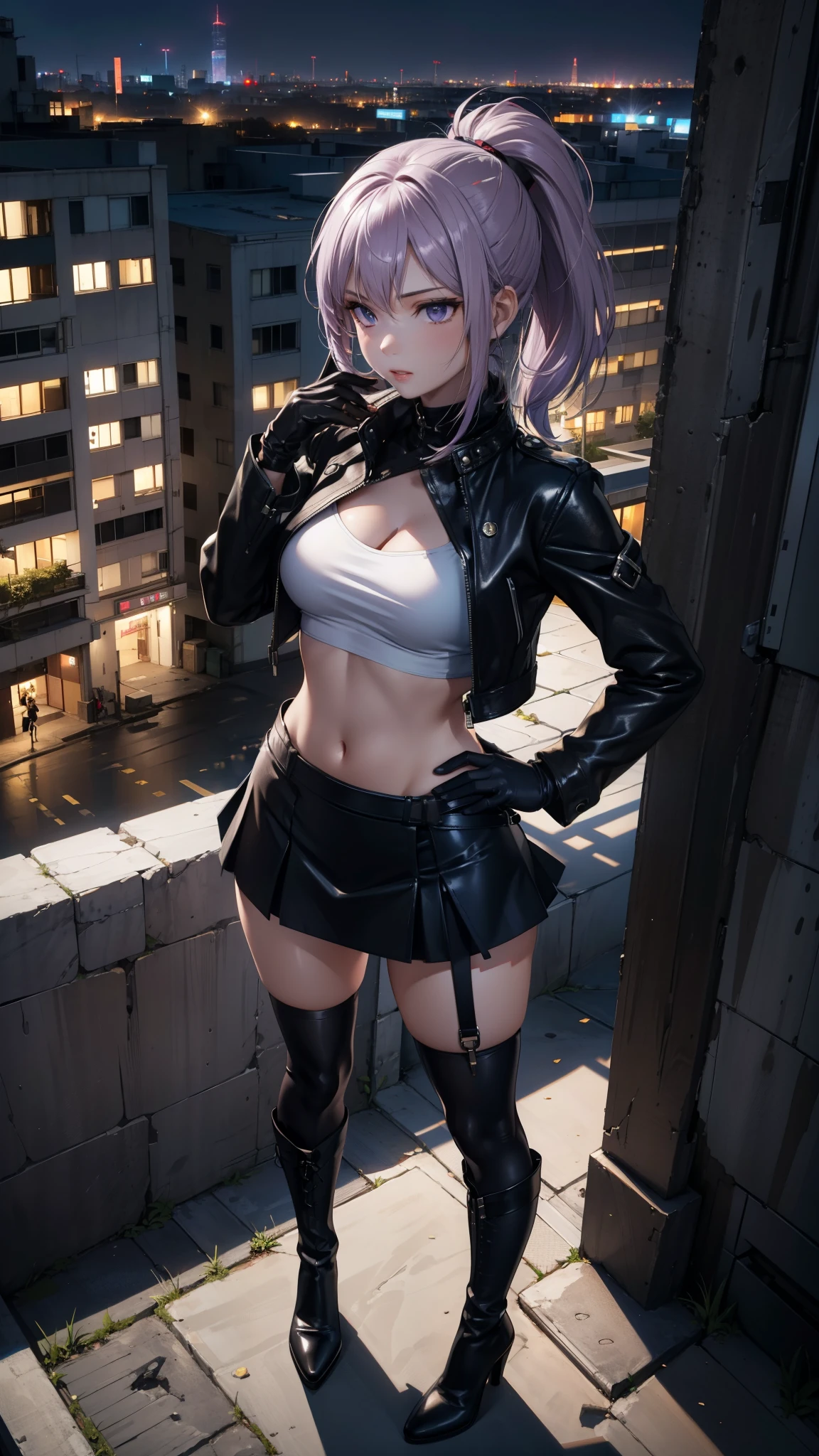 (masterpiece, best quality, detailed), a chic, Alone, standing, ((seen from above)), (( girl against the wall)), ((Hands touching the hips)), ojos detaileds, purple eyes shirt, Lavender hair short ponytail, Love, medium breasts, sensual lips, ((harness on the torso)), ((black leather jacket)), (black gloves, ((short school miniskirt)), ( brown stockings), (black boots), CYBERPUNK STYLE, ((at night))